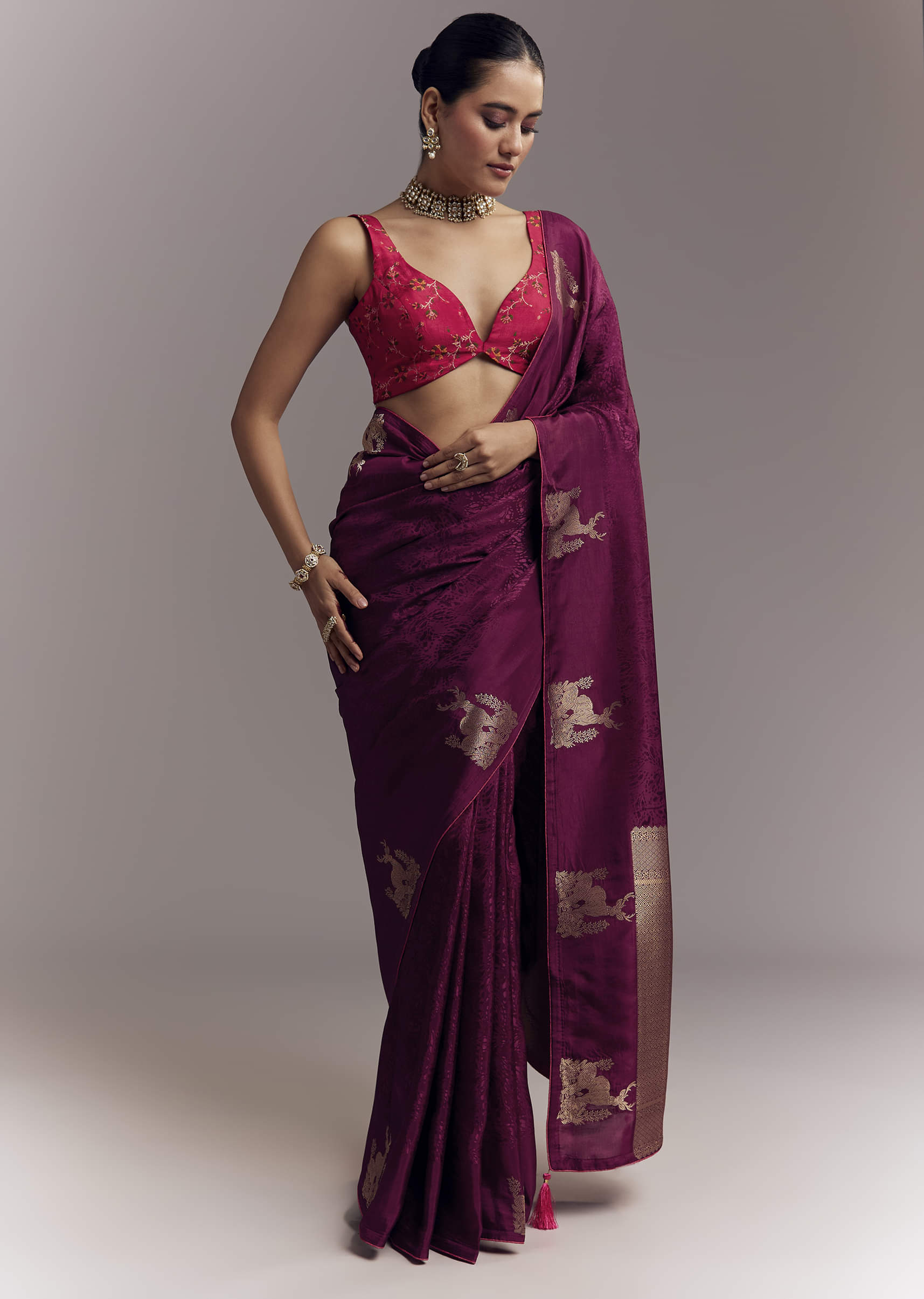 Wine Jacquard Silk Woven Saree With Brocade Work And Embroidery - Image 3