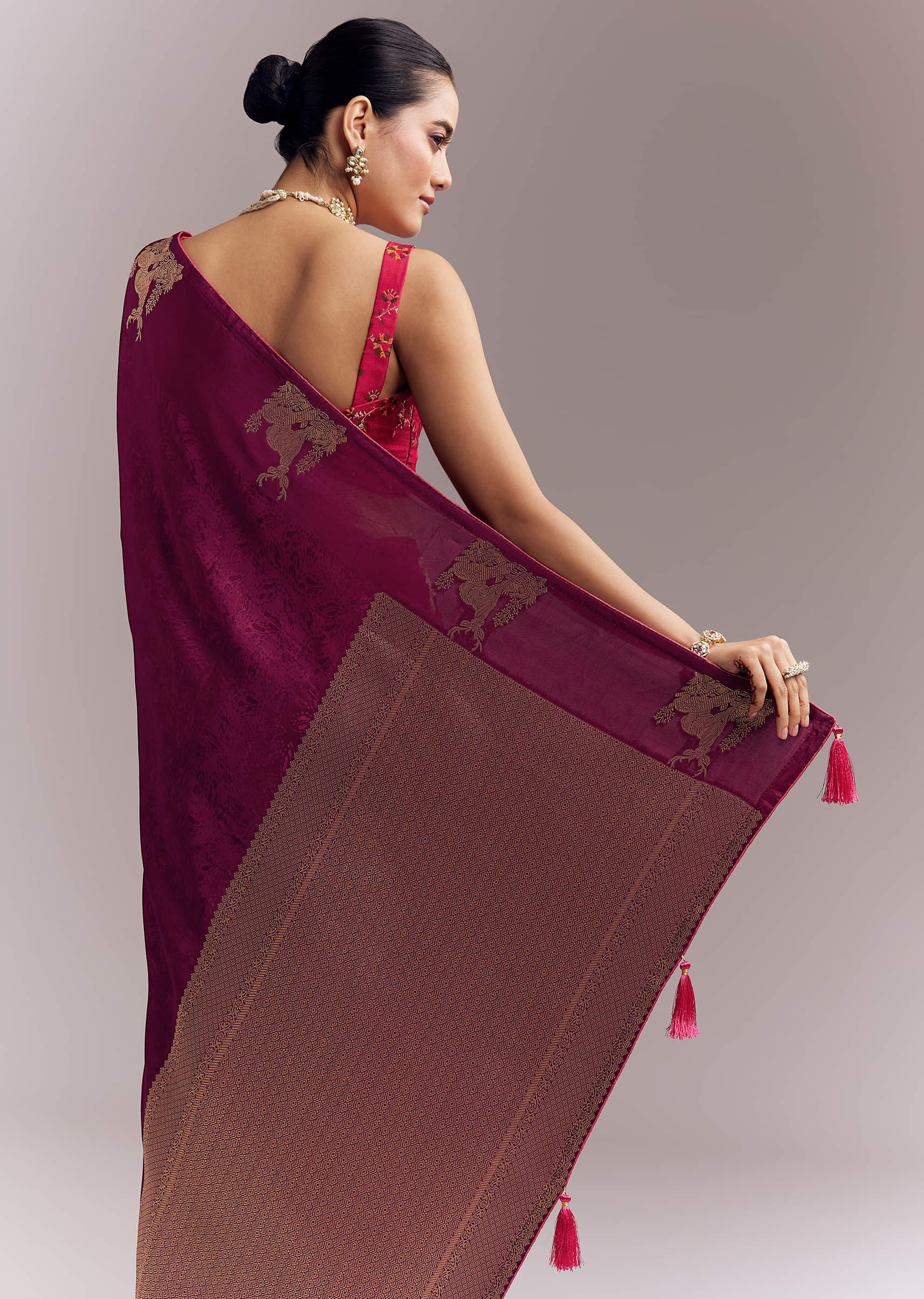 Wine Jacquard Silk Woven Saree With Brocade Work And Embroidery - Image 6