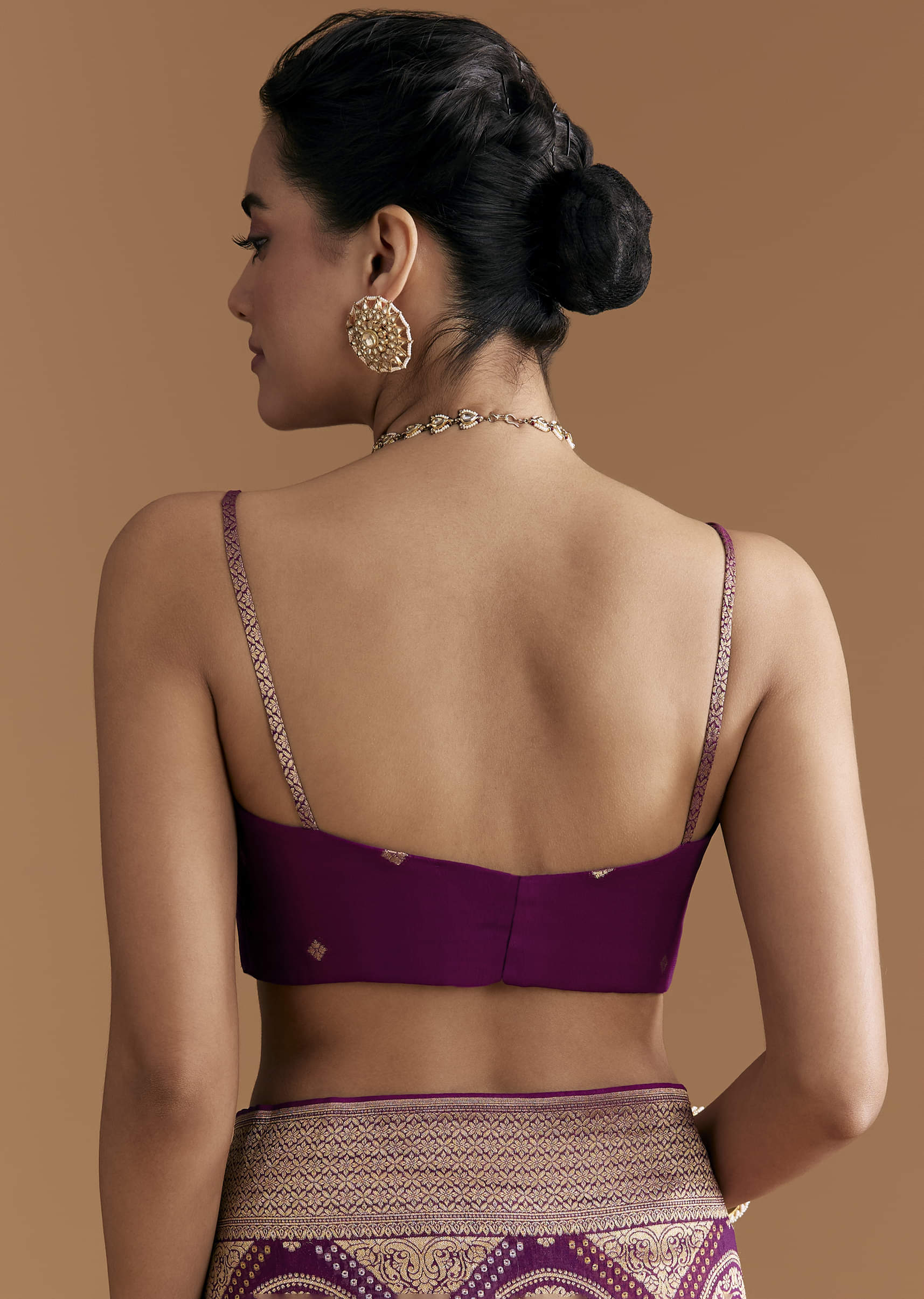 Wine Khadhi Georgette Saree With Geometric Motifs In Zari Work - Image 8