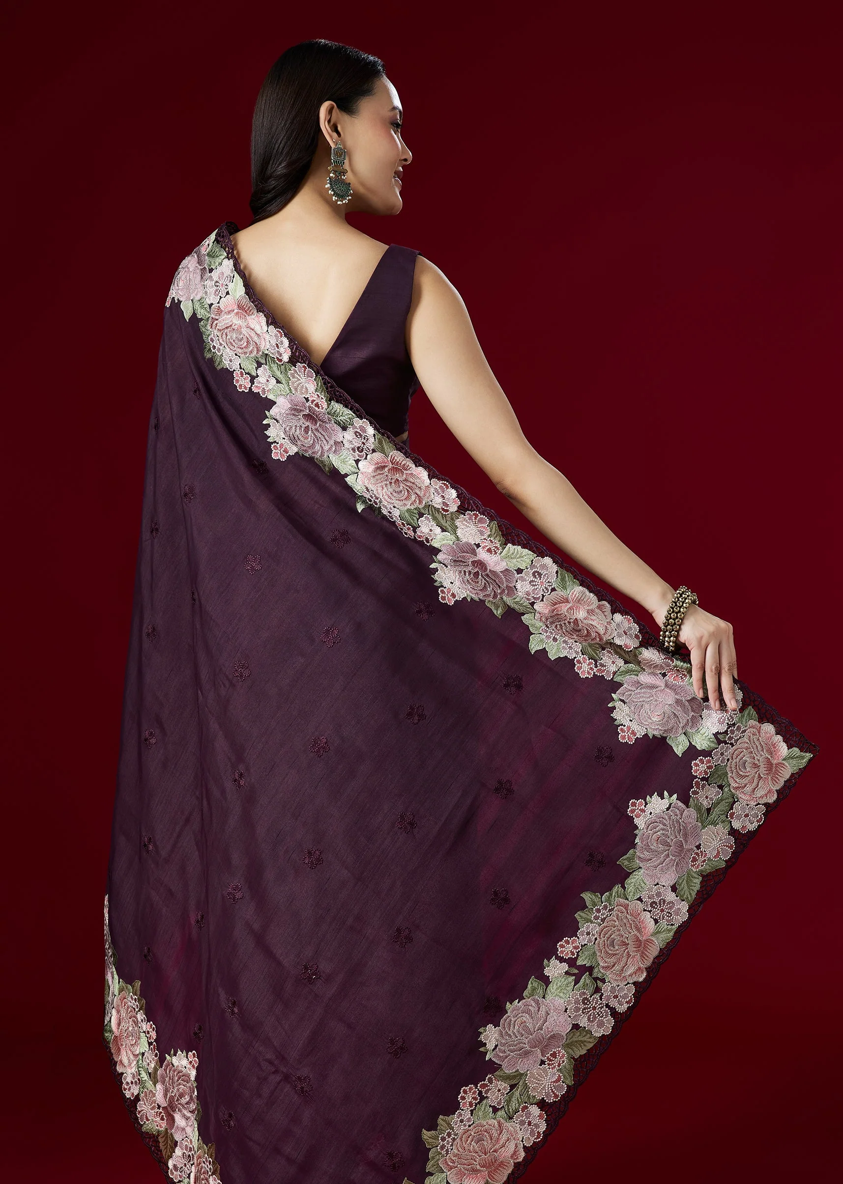 Wine Kora Silk Saree With Floral Thread Embroidered Border - Image 6