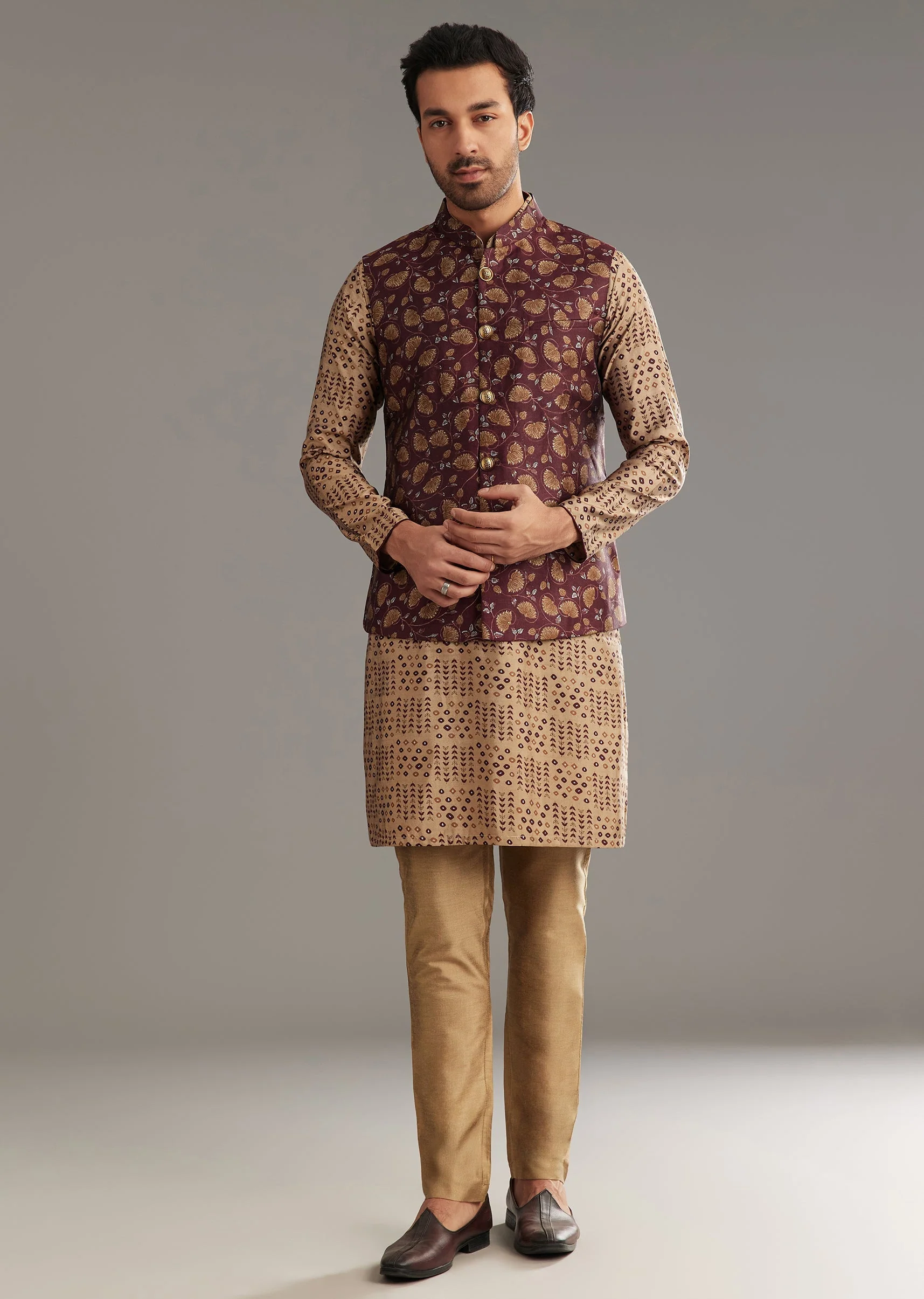 Wine Kurta Jacket Set In Modal Chanderi With Printed Design - Image 2