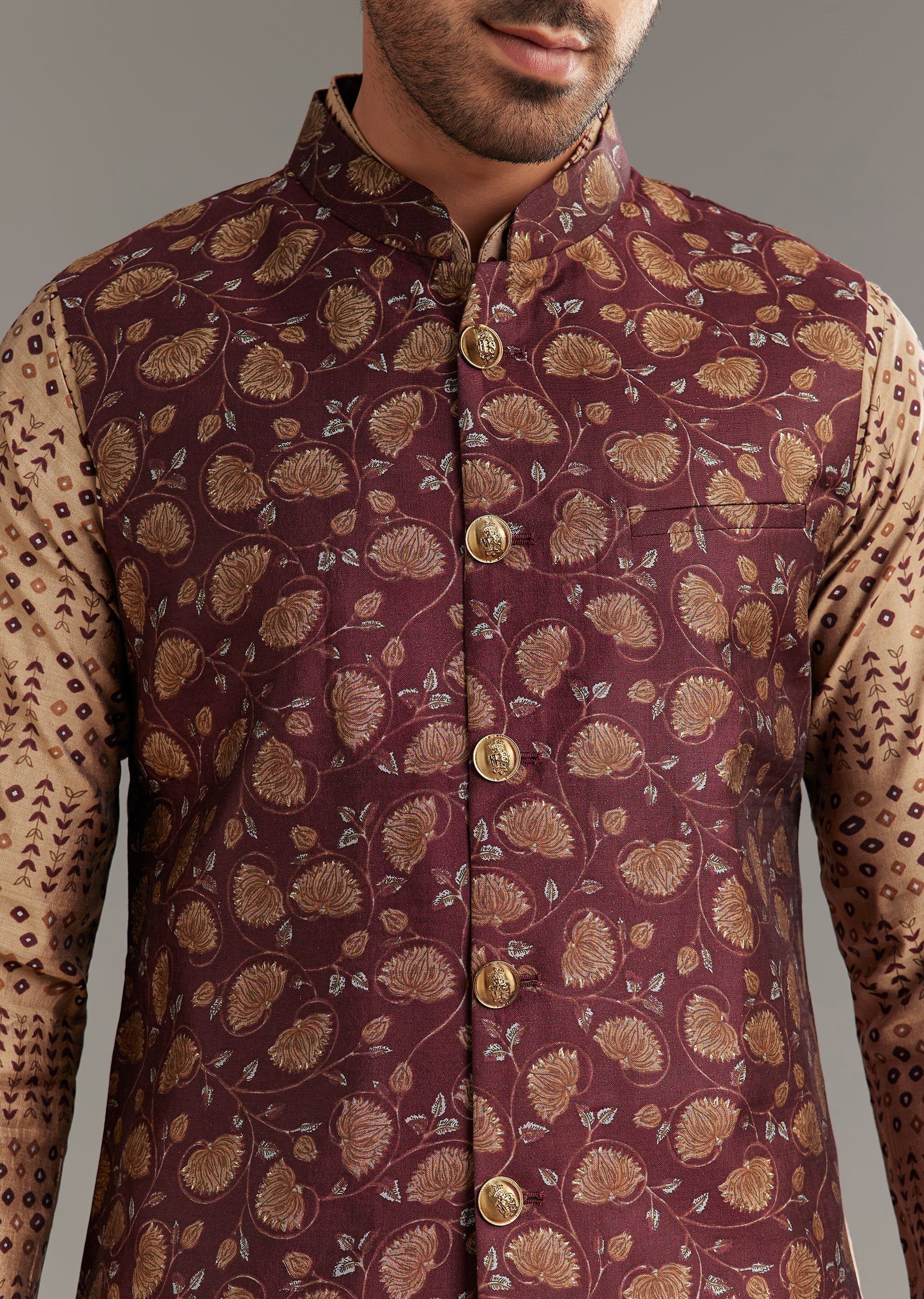 Wine Kurta Jacket Set In Modal Chanderi With Printed Design - Image 3