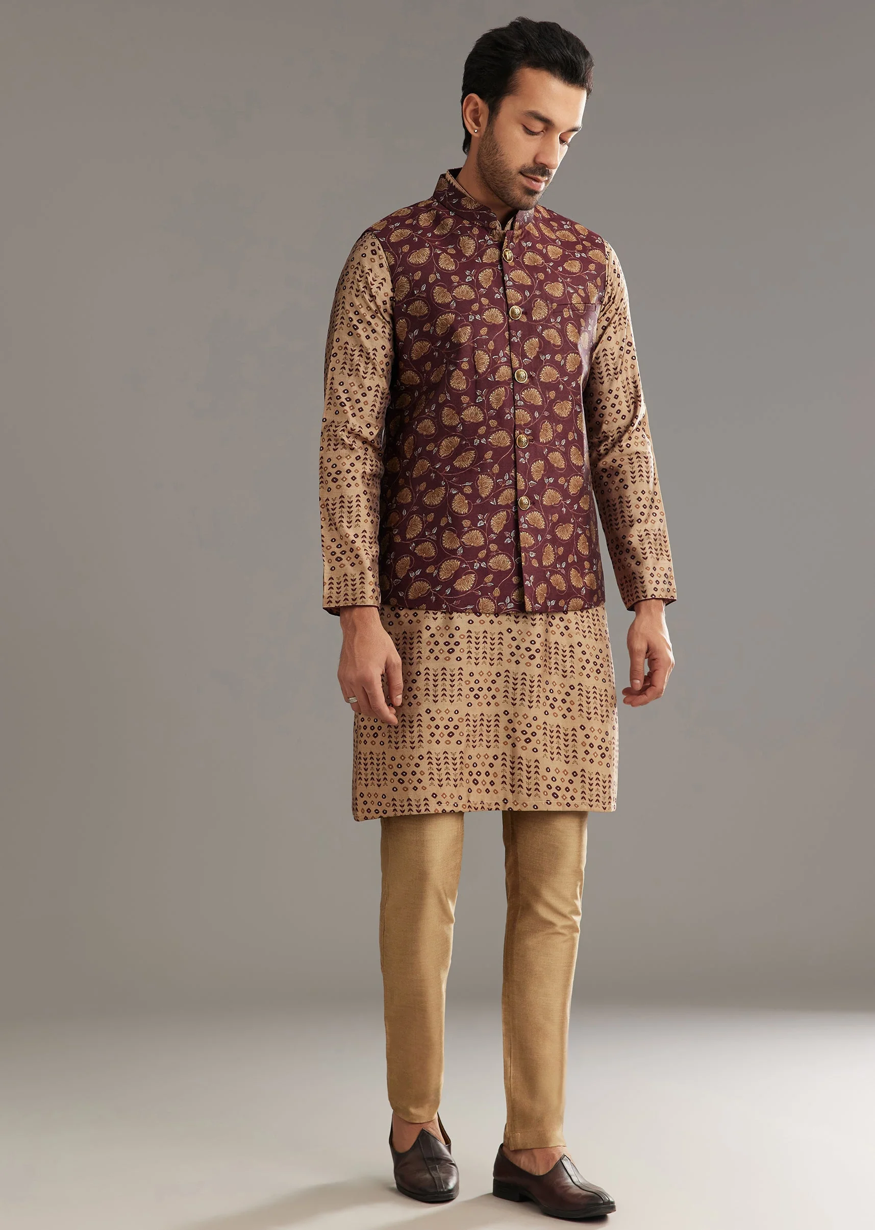 Wine Kurta Jacket Set In Modal Chanderi With Printed Design - Image 4