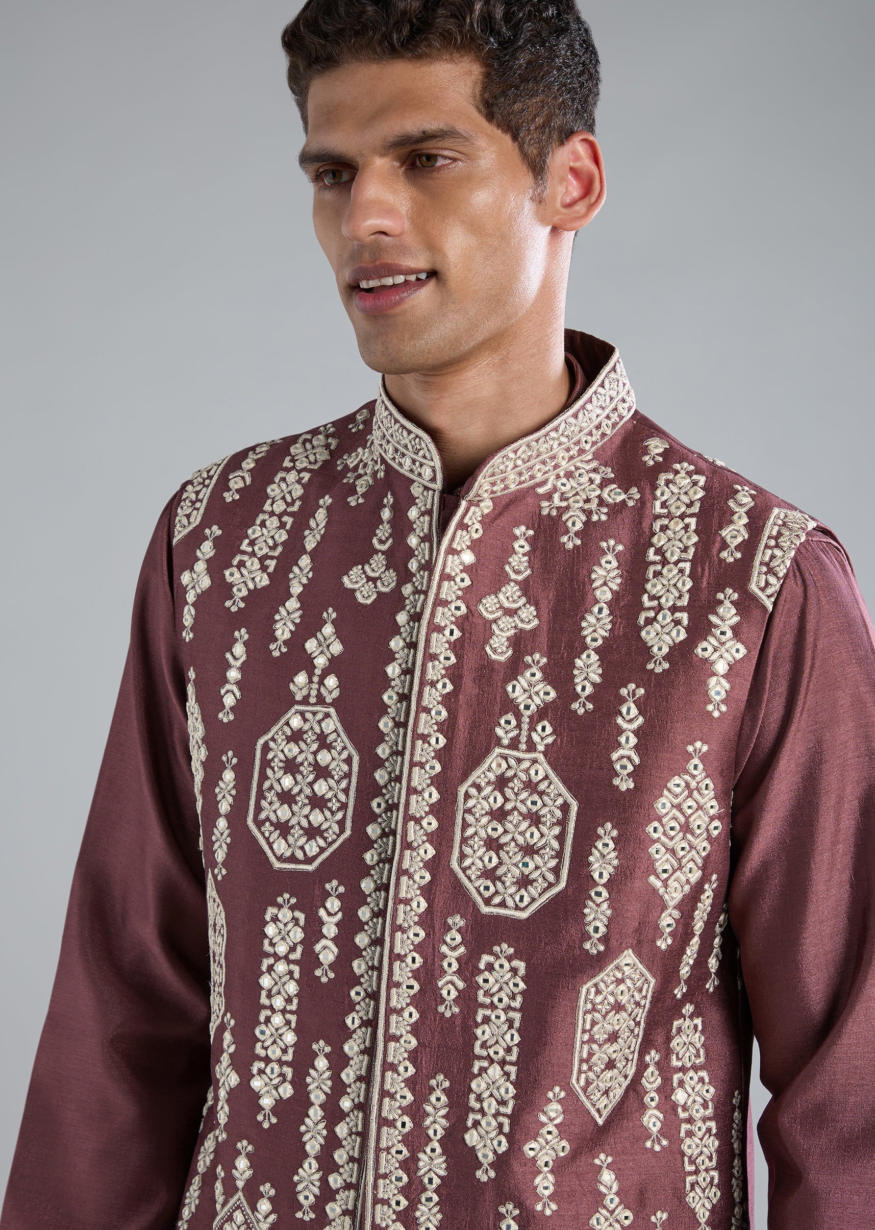Wine Kurta Jacket Set With Thread Resham And Zari Work - Image 2