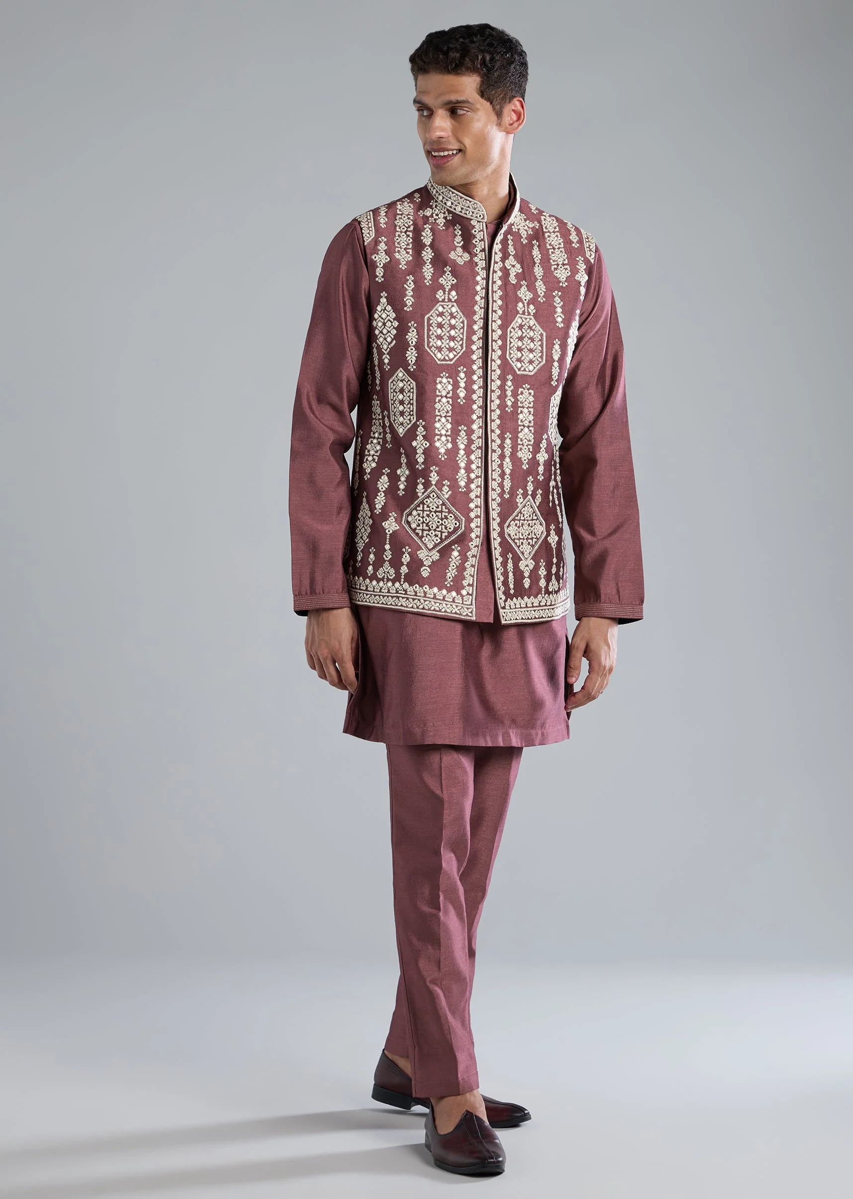 Wine Kurta Jacket Set With Thread Resham And Zari Work - Image 3
