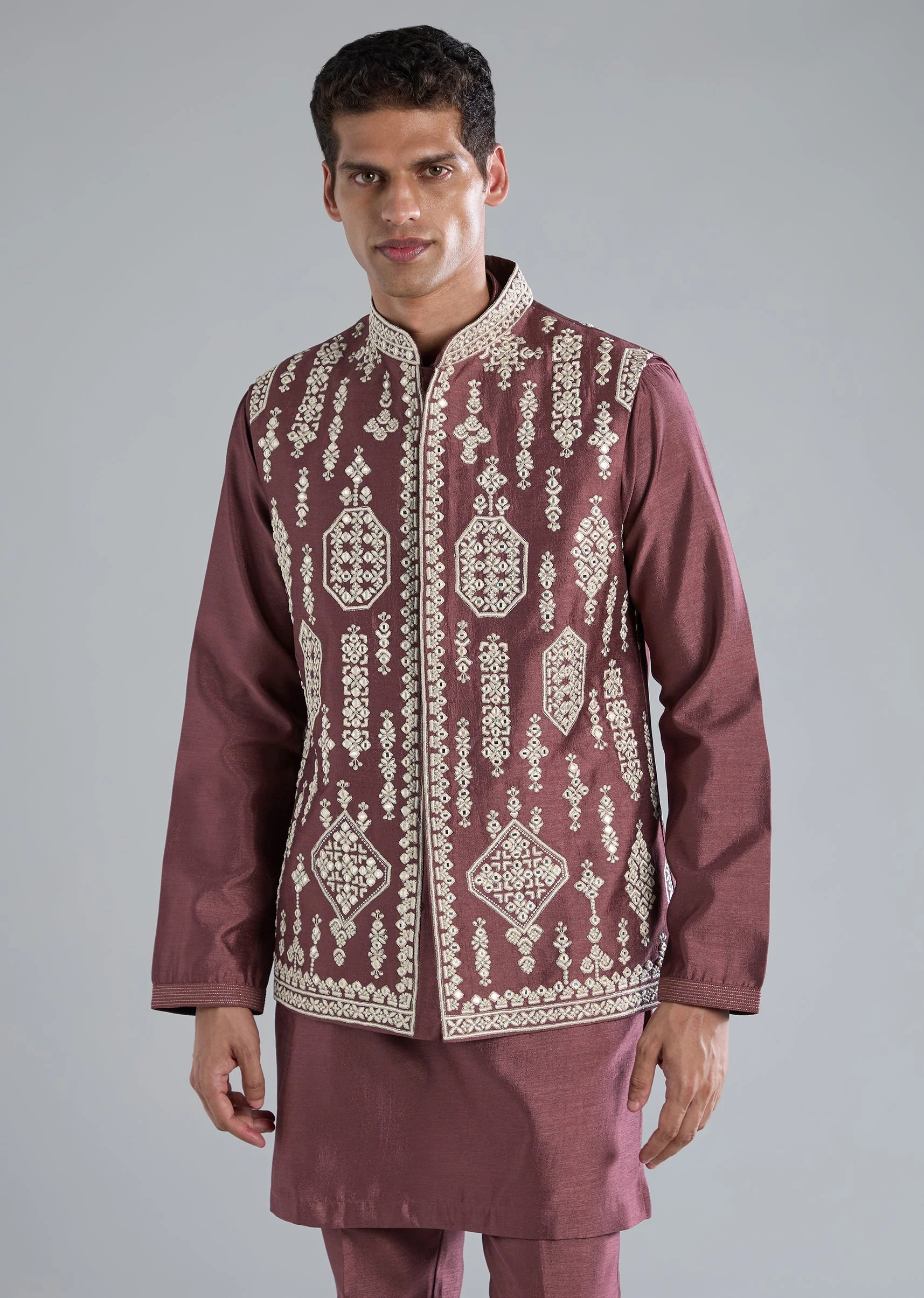 Wine Kurta Jacket Set With Thread Resham And Zari Work - Image 4