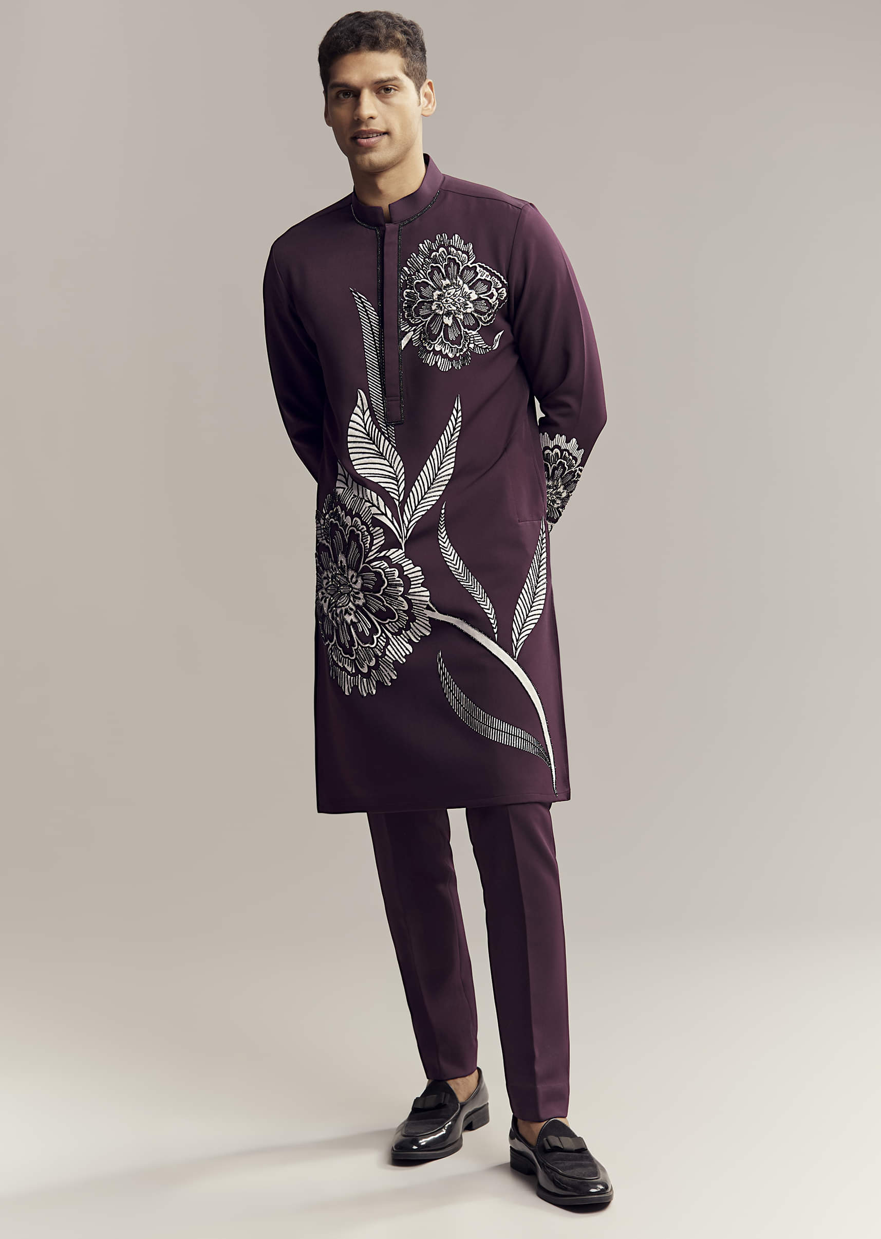 Wine Kurta Set For Men With Floral Print And Beads Work On Suiting Fabric