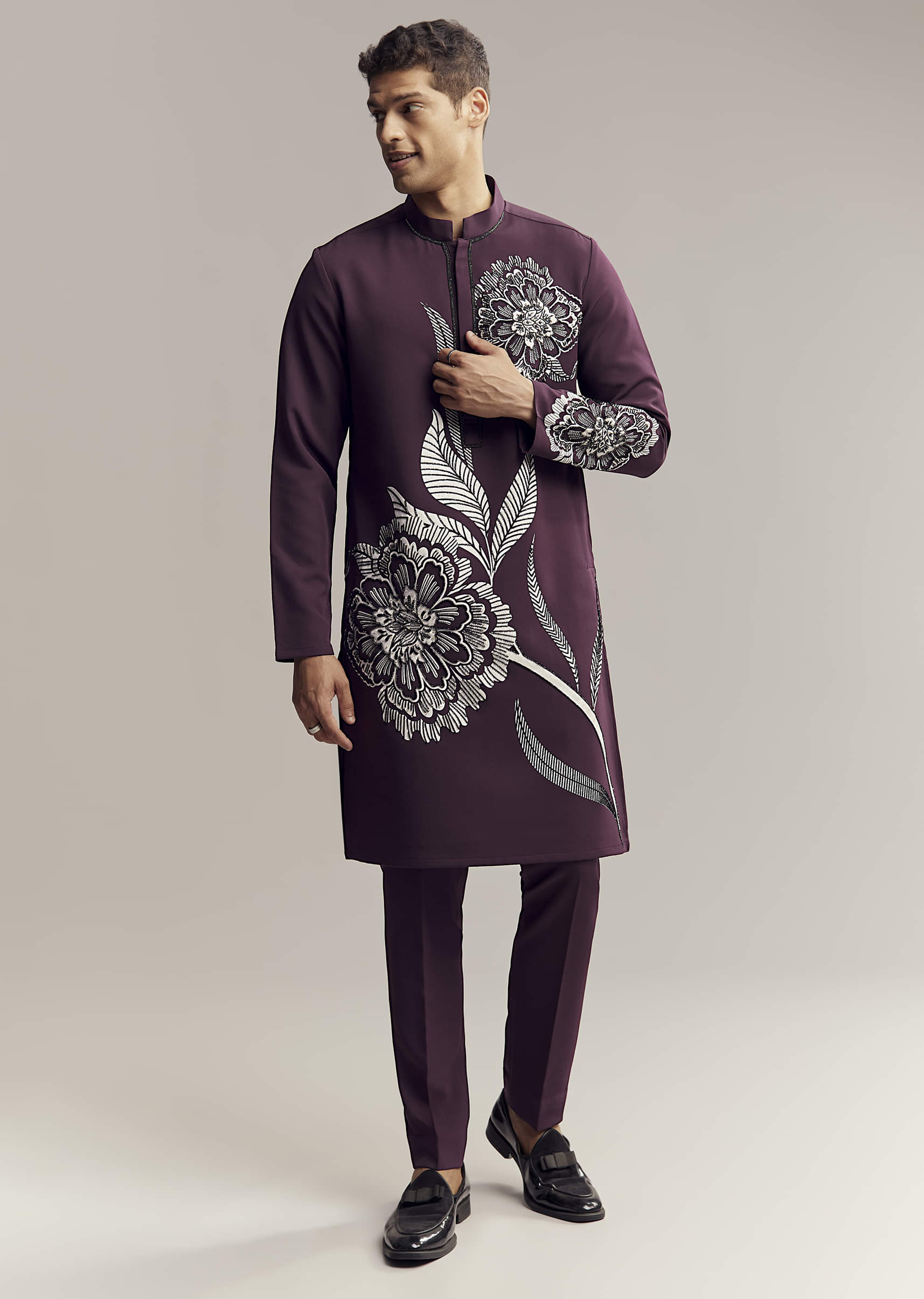 Wine Kurta Set For Men With Floral Print And Beads Work On Suiting Fabric - Image 3