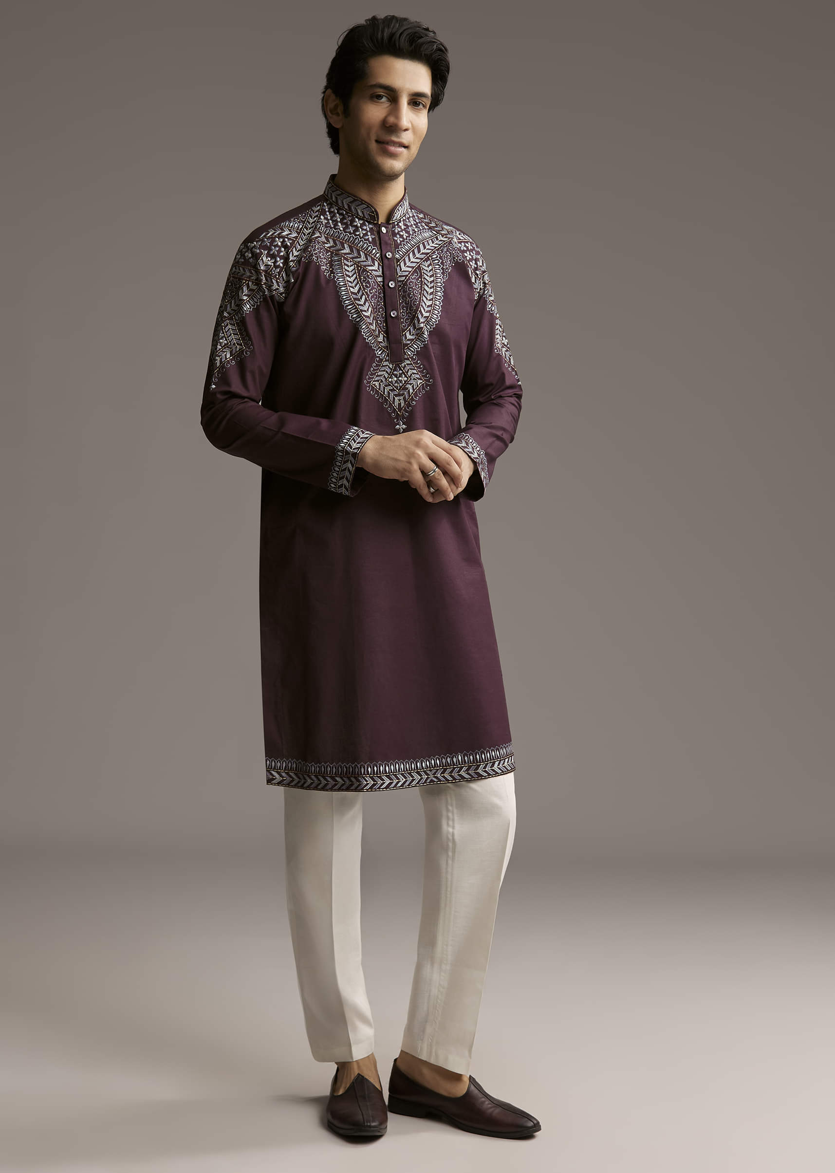 Wine Linen Kurta Set For Men With Thread Embroidery - Image 7