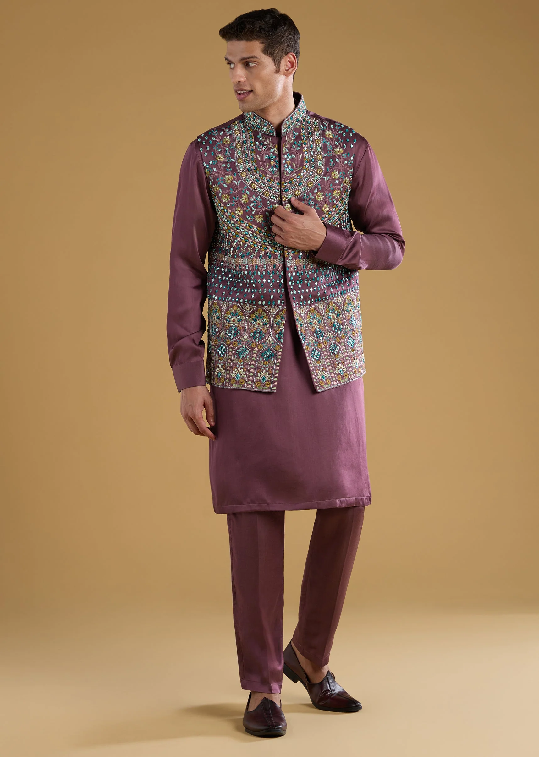 Wine Linen Satin Silk Embroidered Mens Jacket and Kurta Set