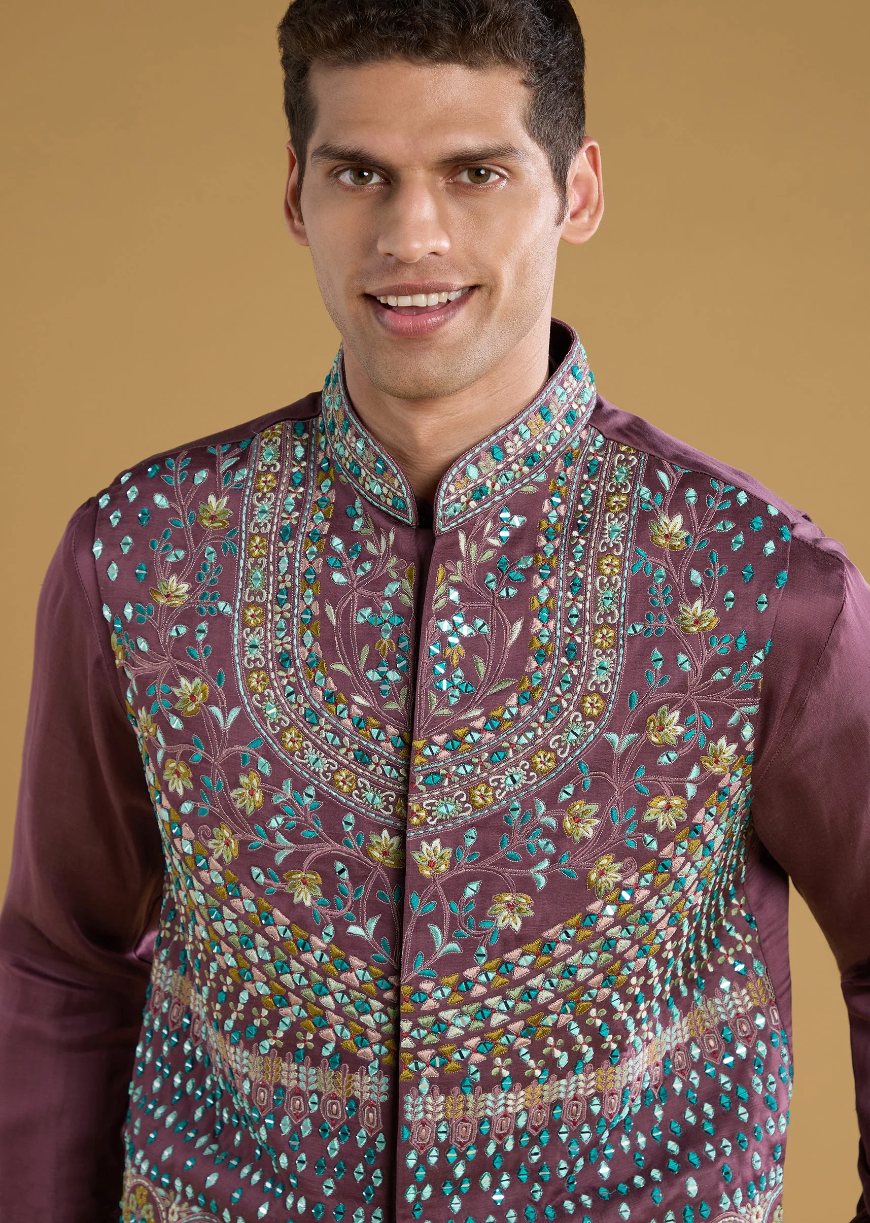 Wine Linen Satin Silk Embroidered Mens Jacket and Kurta Set - Image 2