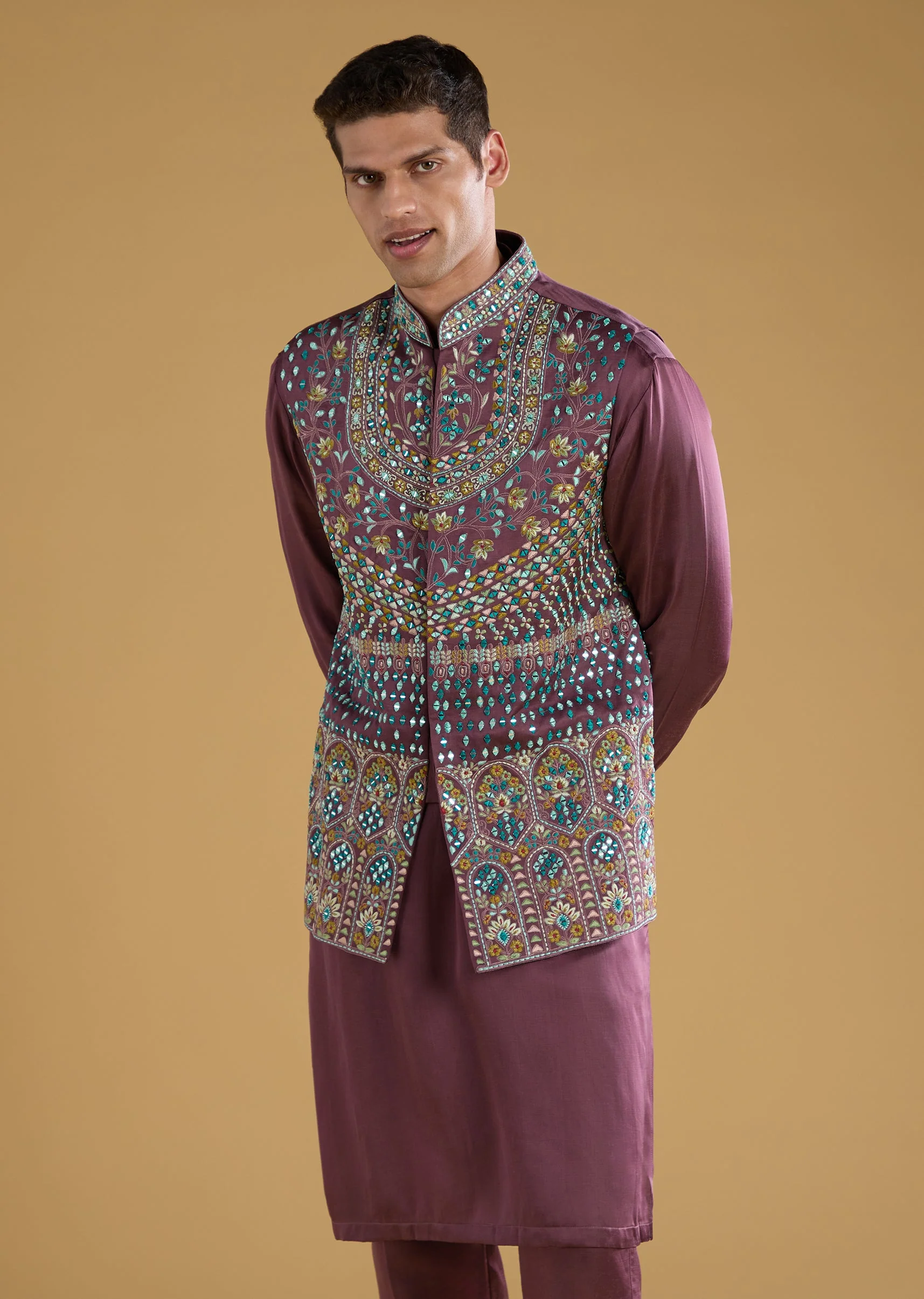 Wine Linen Satin Silk Embroidered Mens Jacket and Kurta Set - Image 4