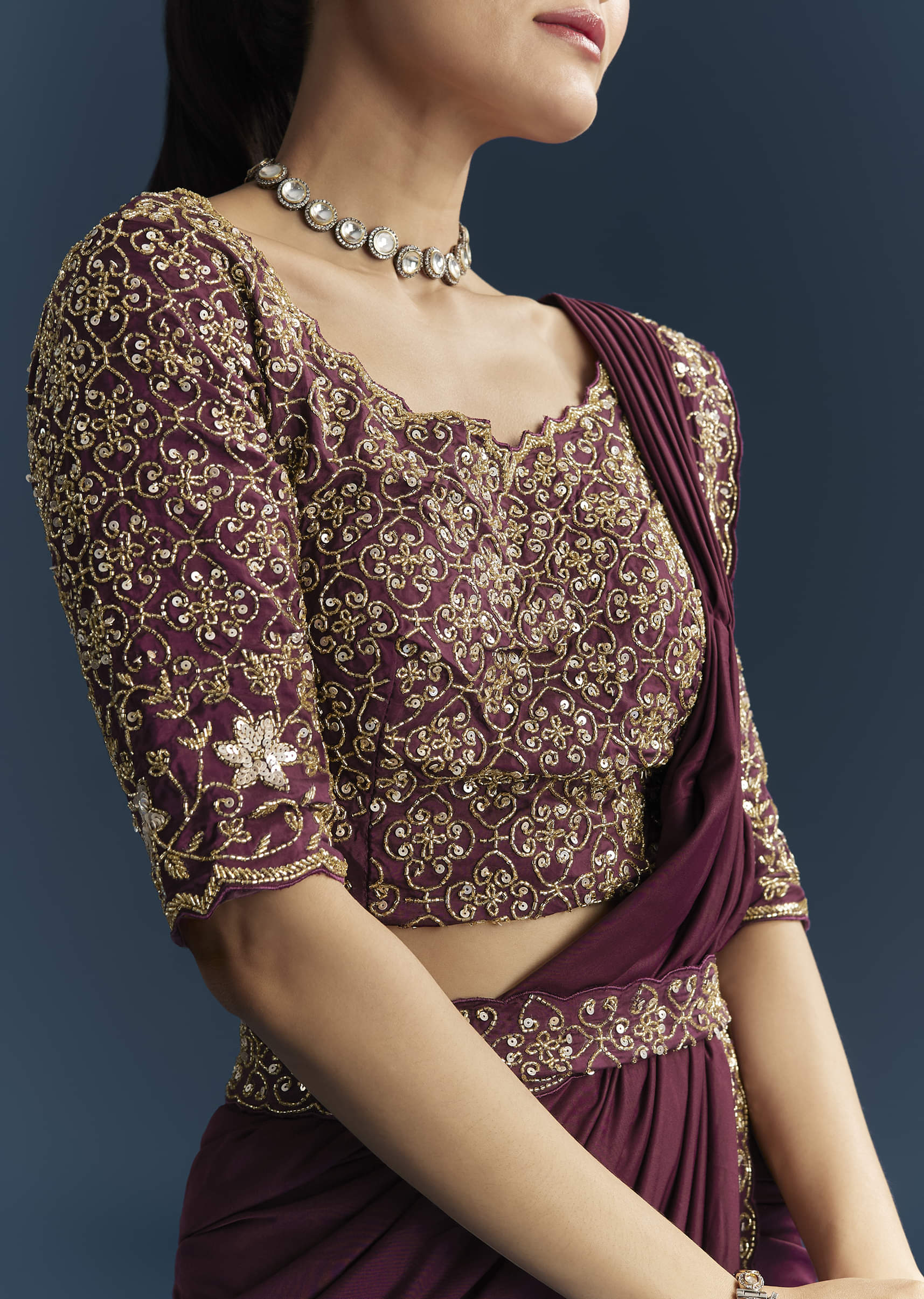 Wine Lycra Ready Pleated Saree With Cutdana Work - Image 2