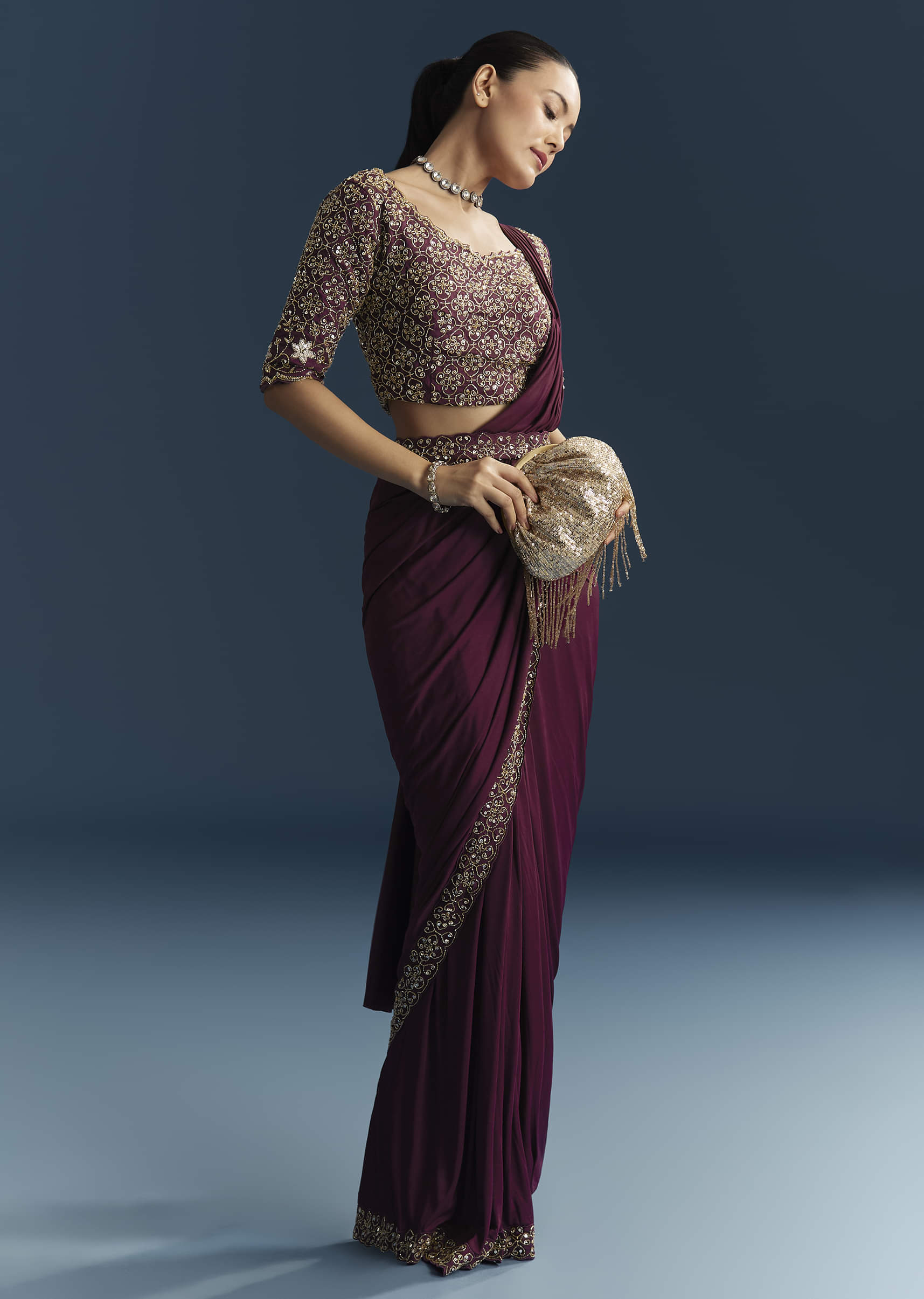 Wine Lycra Ready Pleated Saree With Cutdana Work - Image 6