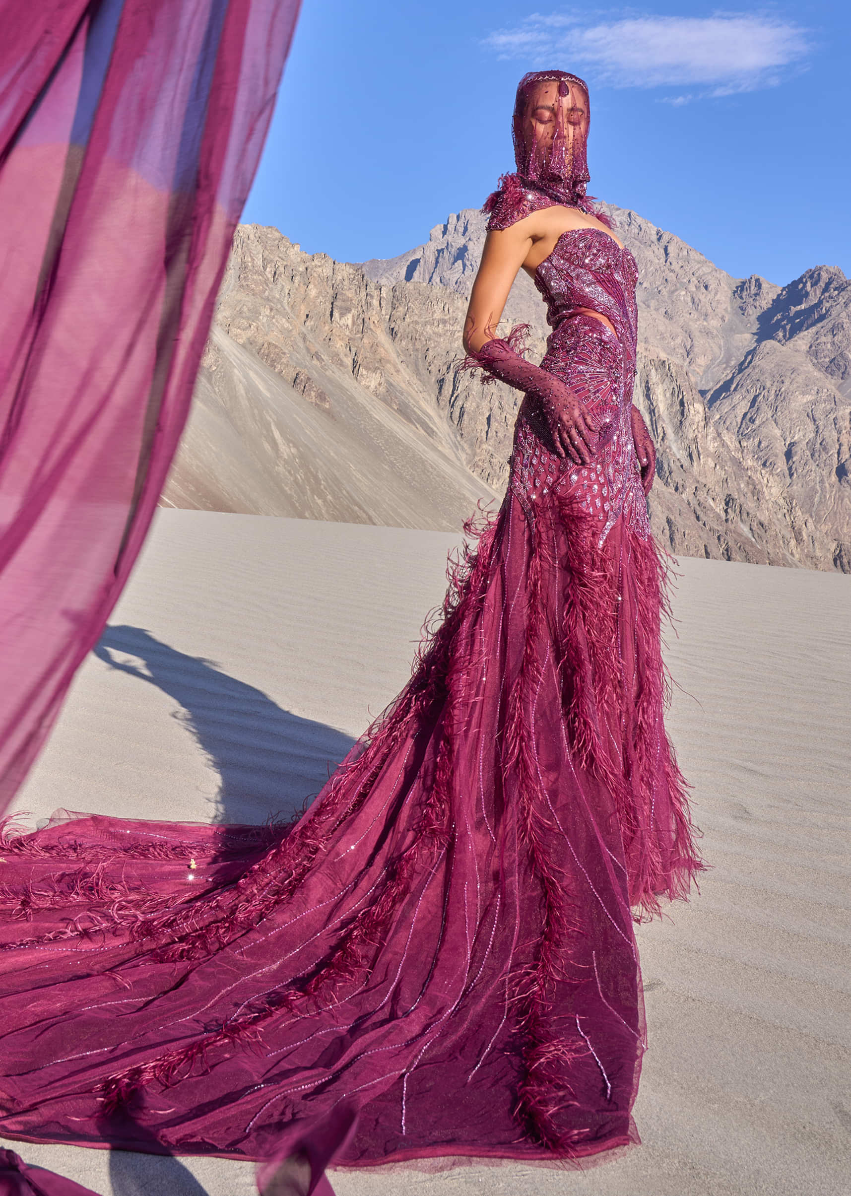 Wine Mermaid Feather Trail Gown With Embroidered Gloves And Veil - Image 4