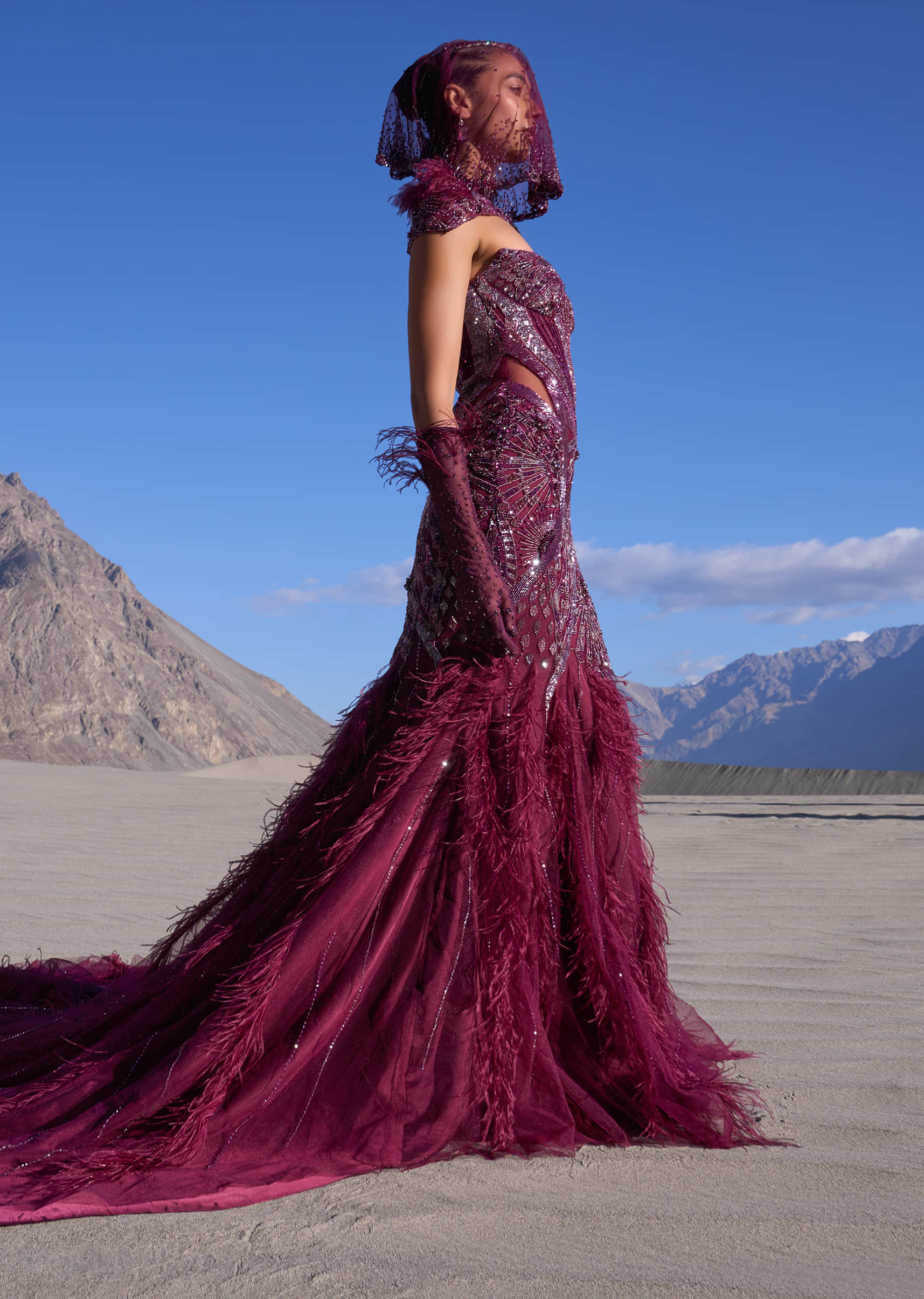 Wine Mermaid Feather Trail Gown With Embroidered Gloves And Veil - Image 5