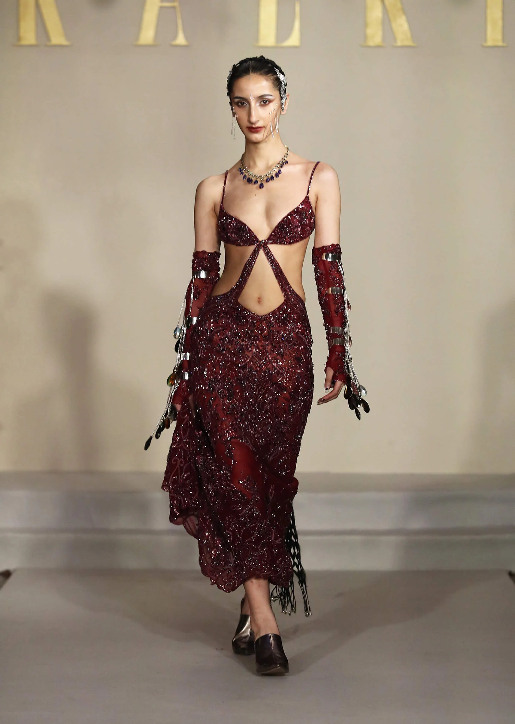 Wine Net Bridal Gown With Bead And Cutdana Embroidery