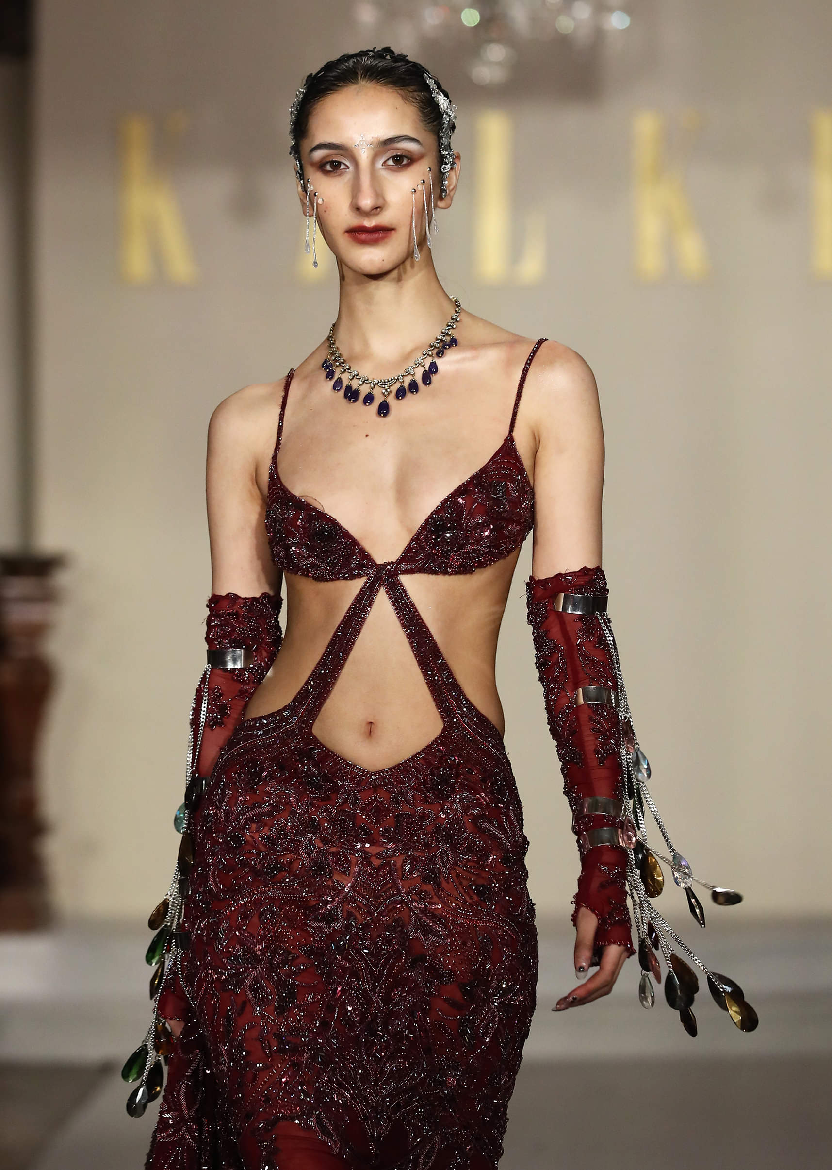 Wine Net Bridal Gown With Bead And Cutdana Embroidery - Image 2