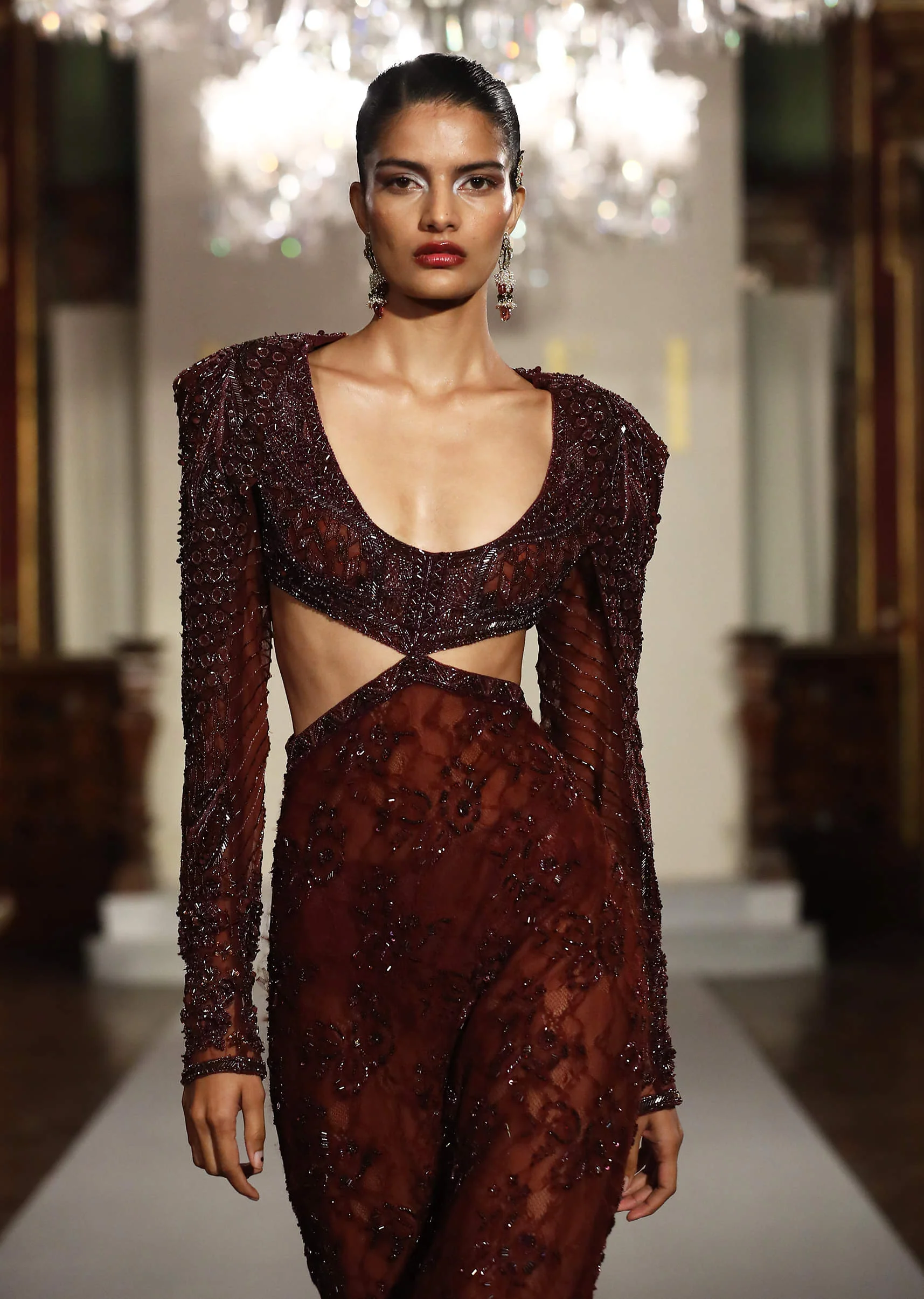 Wine Net Bridal Gown With Hand Embroidery - Image 2
