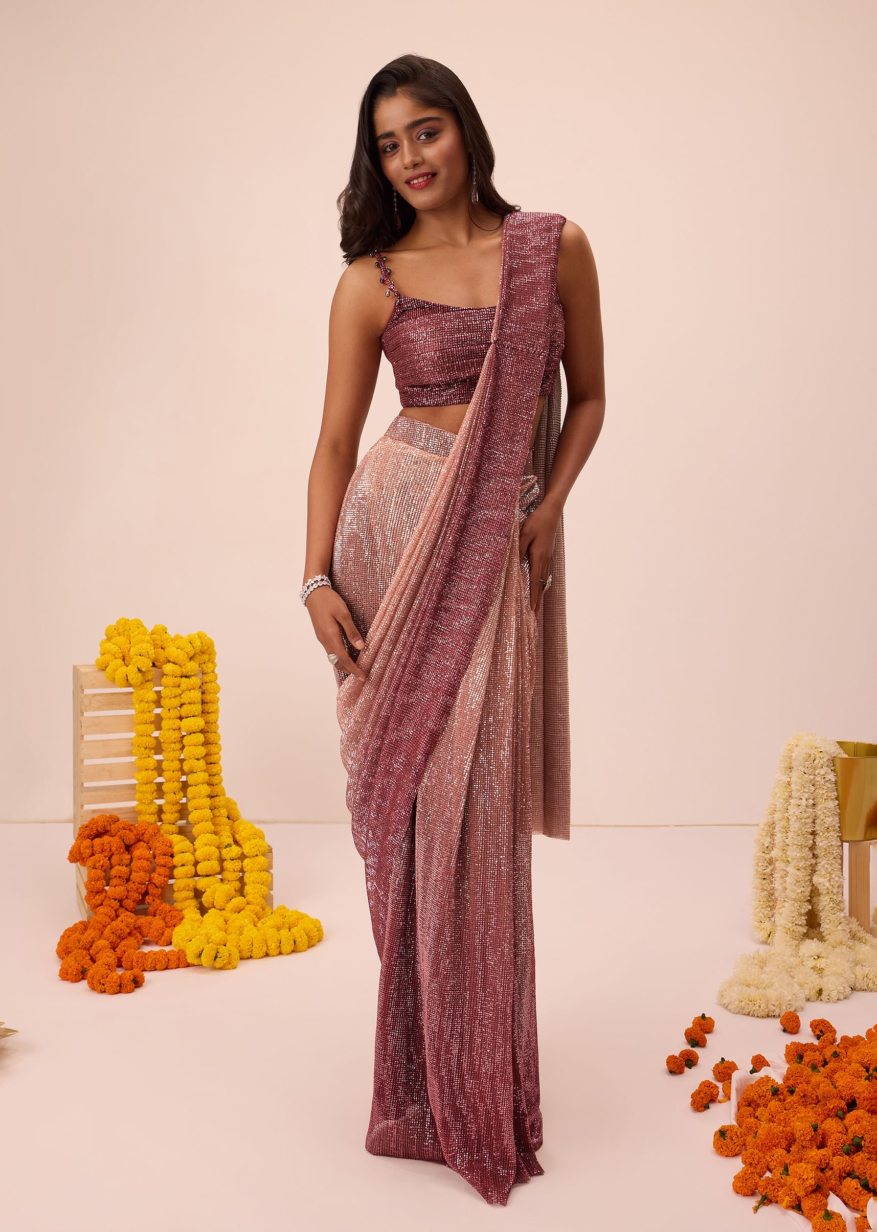 Wine Ombre Sequin Pleated Saree With Cowl Blouse