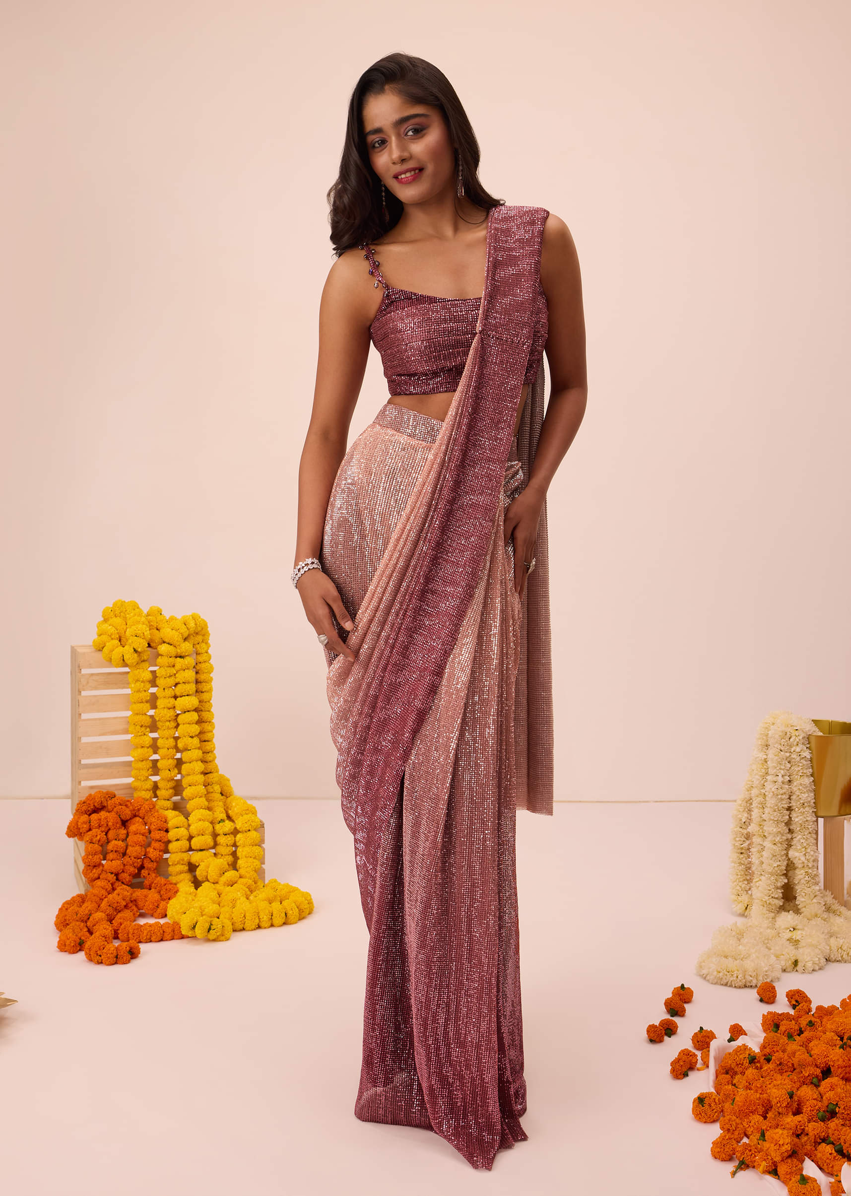 Wine Ombre Sequin Pleated Saree With Cowl Blouse - Image 4