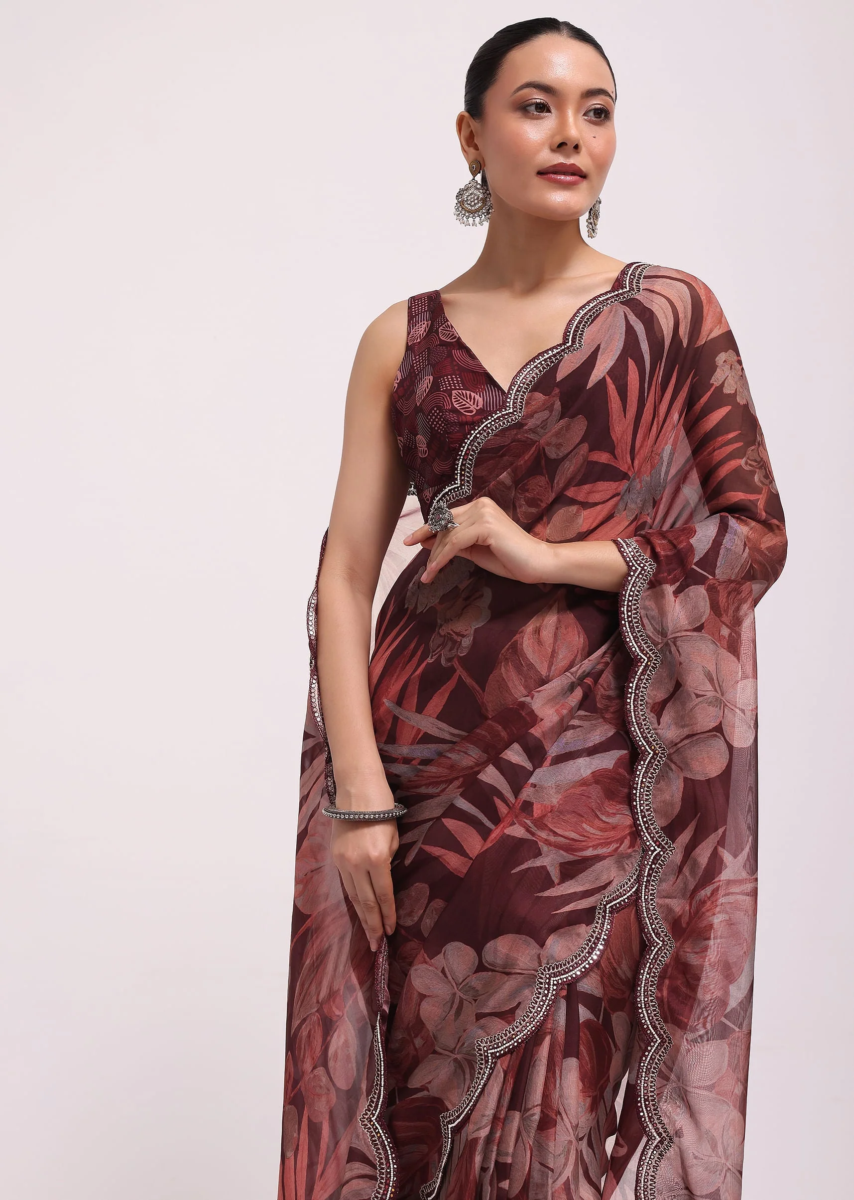 Wine Organza Leaf Printed Saree With Unstitched Blouse - Image 2