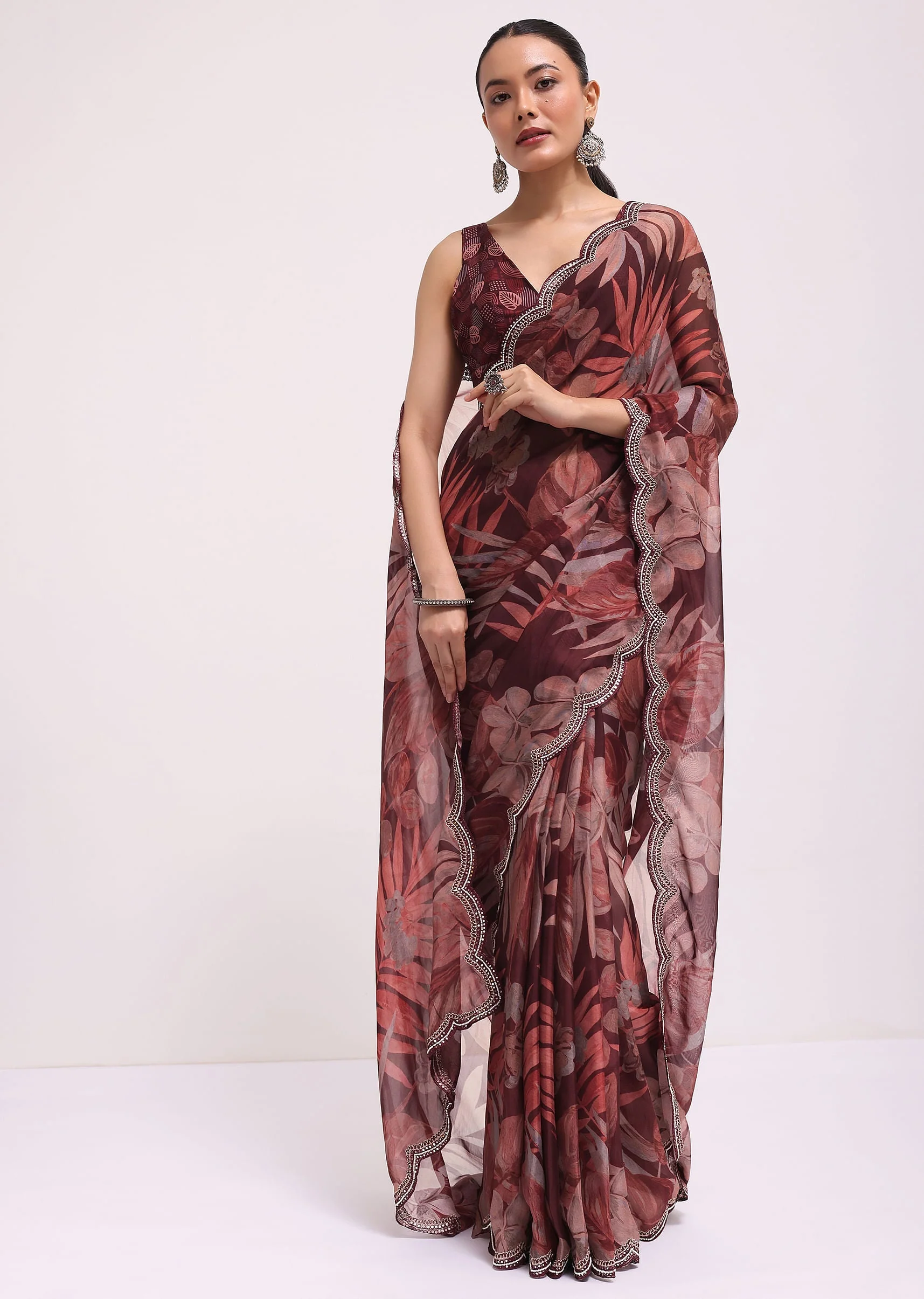 Wine Organza Leaf Printed Saree With Unstitched Blouse - Image 3