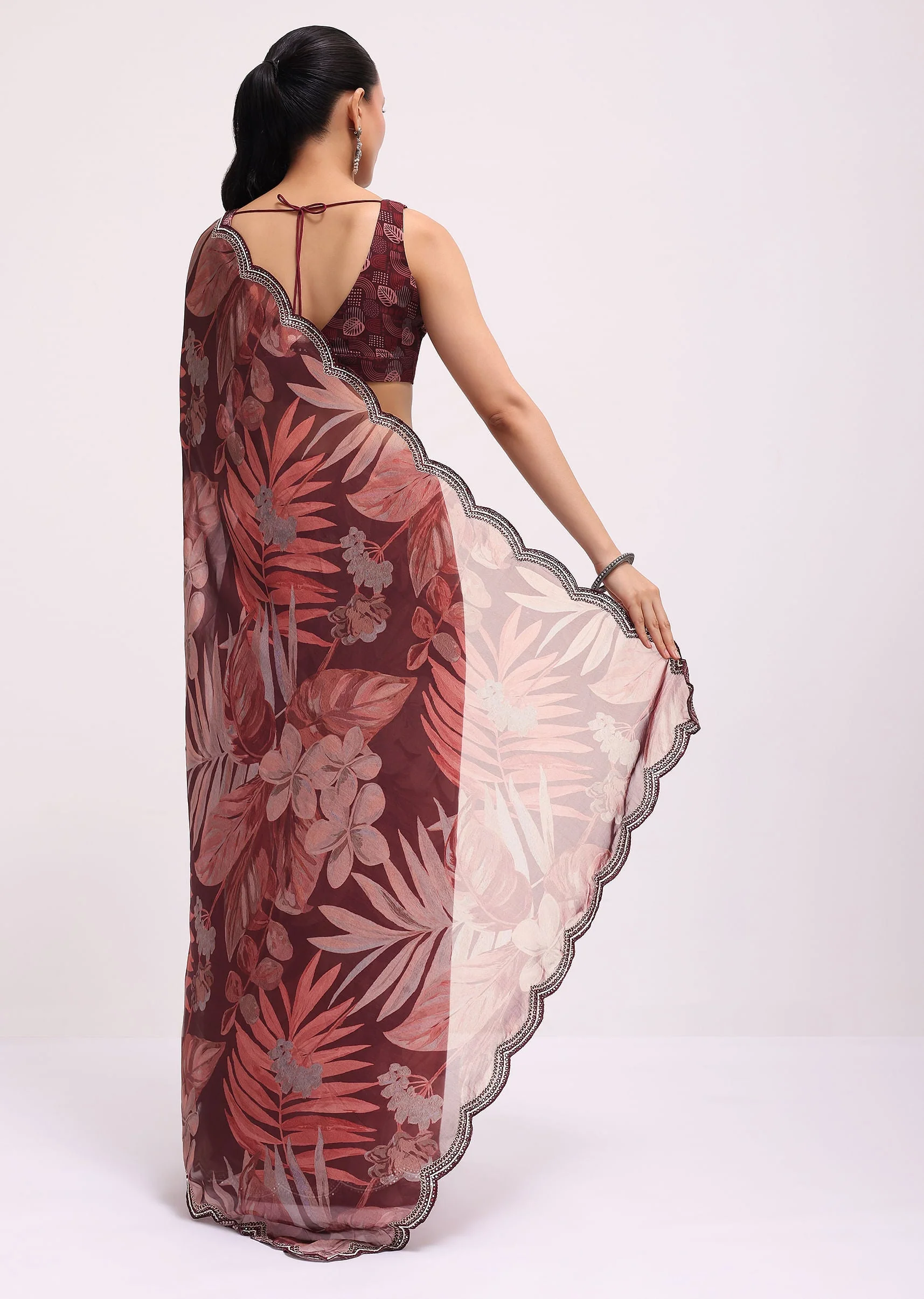 Wine Organza Leaf Printed Saree With Unstitched Blouse - Image 4