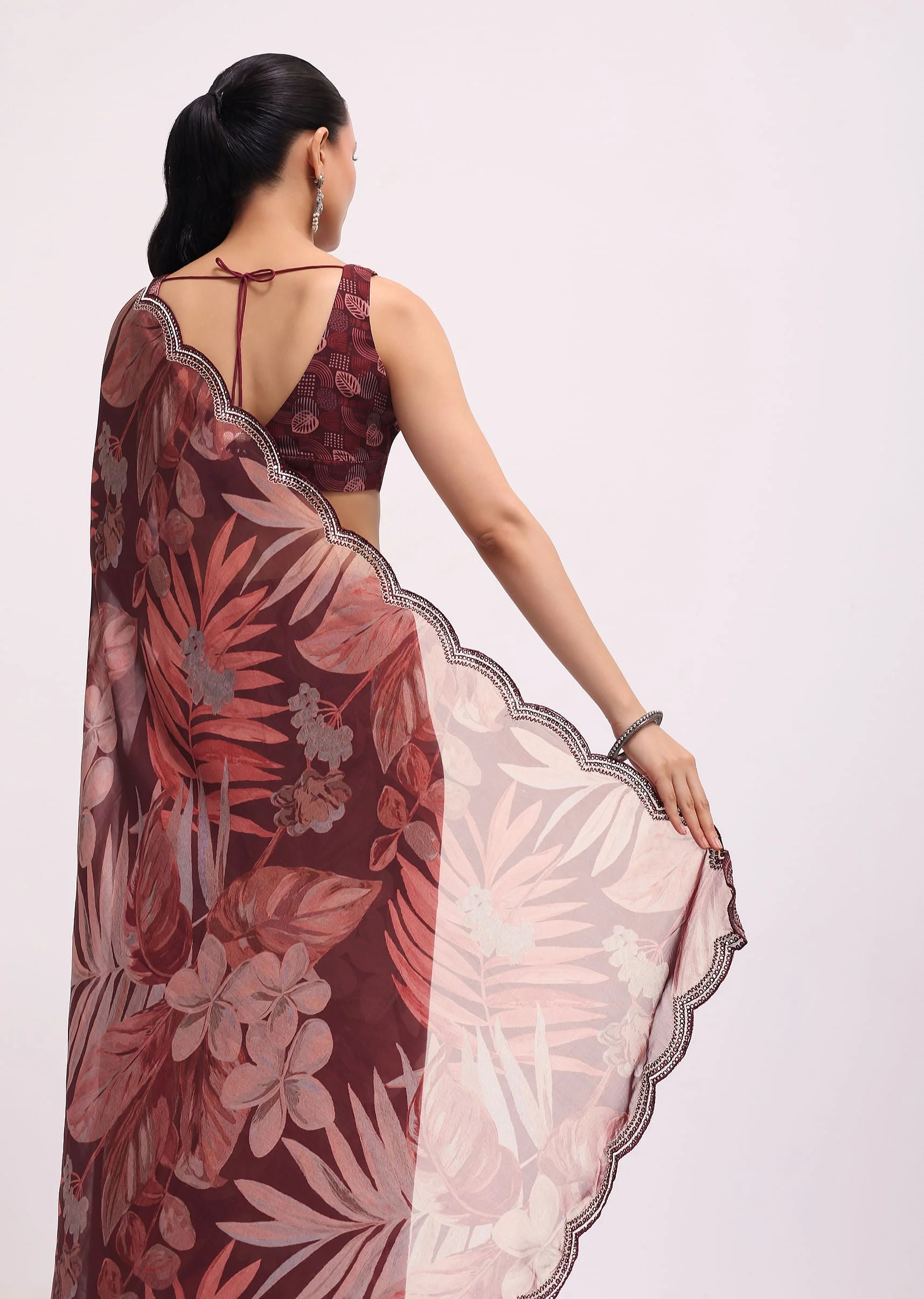 Wine Organza Leaf Printed Saree With Unstitched Blouse - Image 6