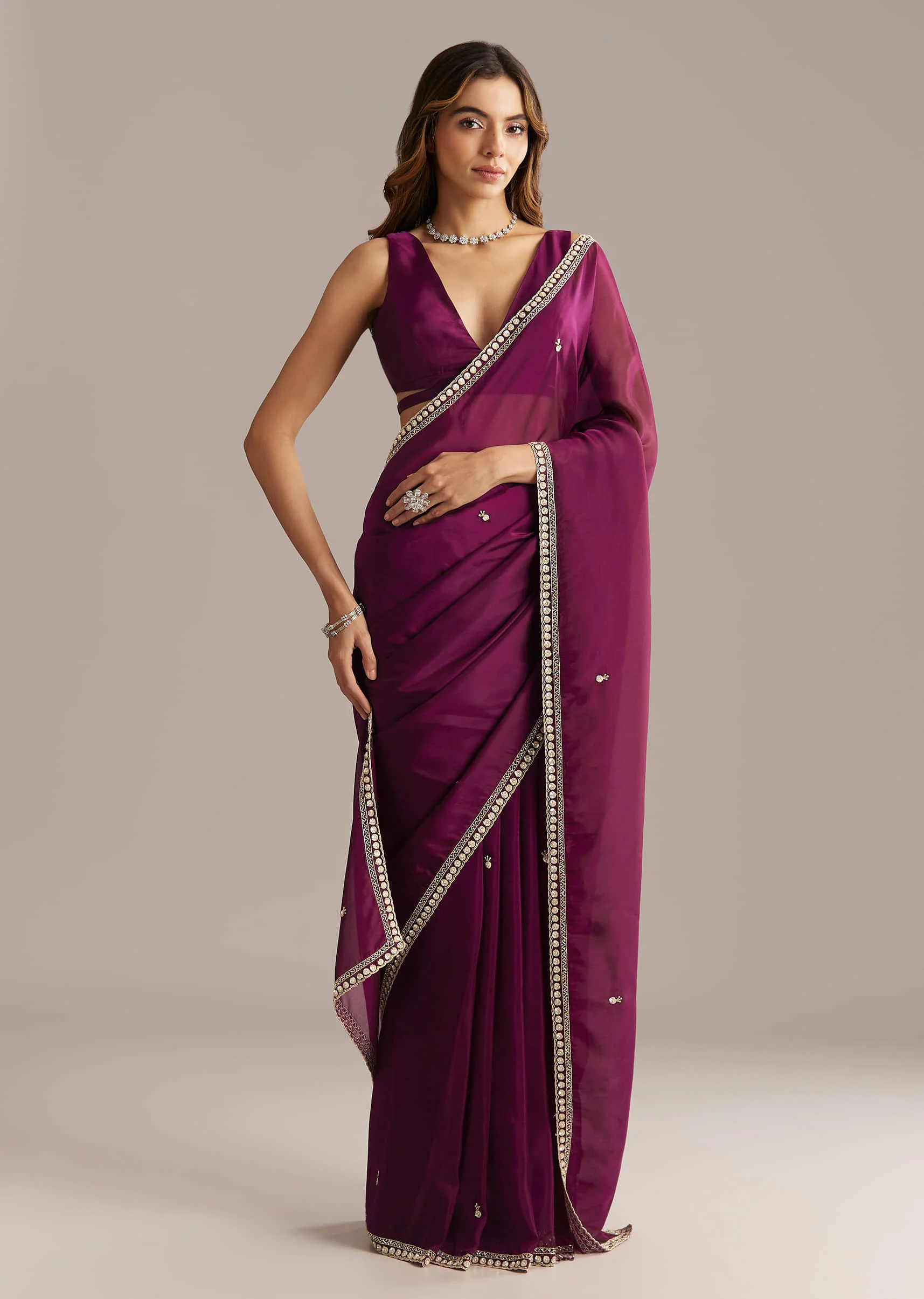 Wine Organza Saree With Stone And Sequin Embroidery