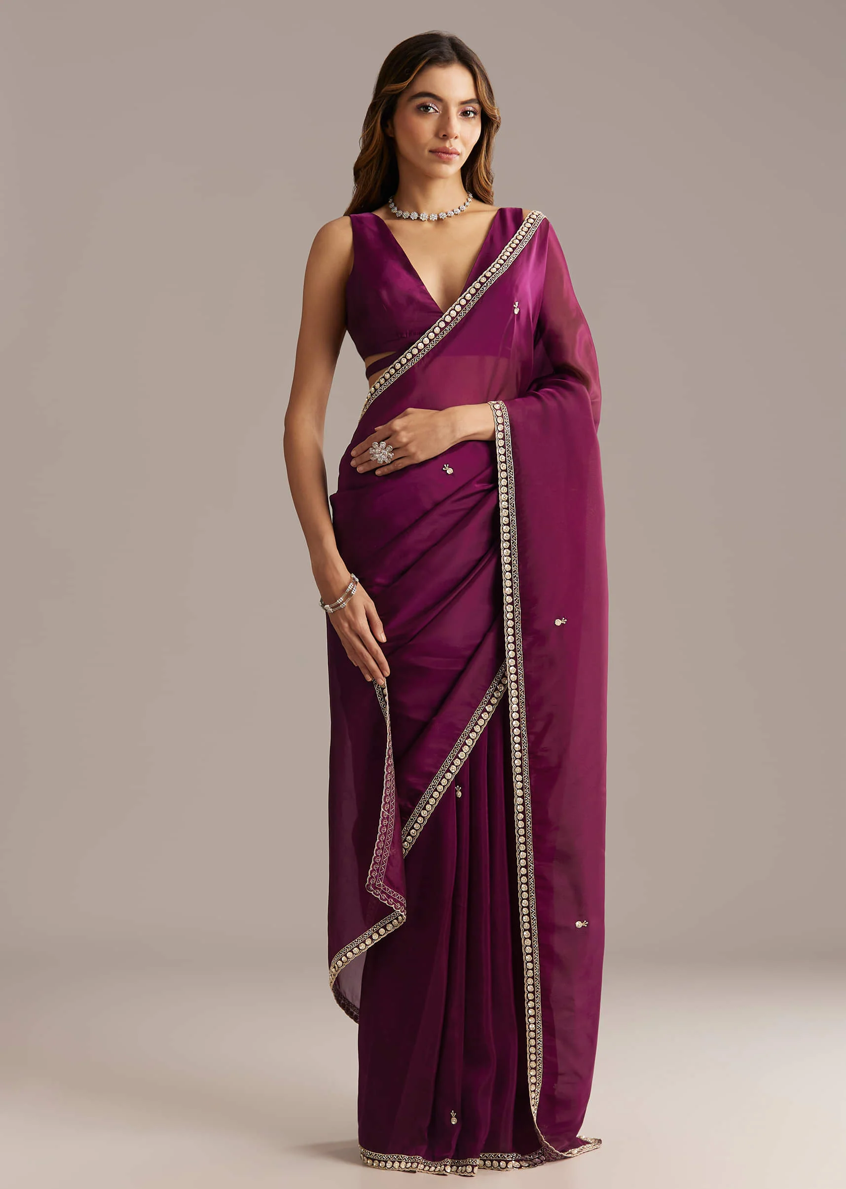 Wine Organza Saree With Stone And Sequin Embroidery - Image 3