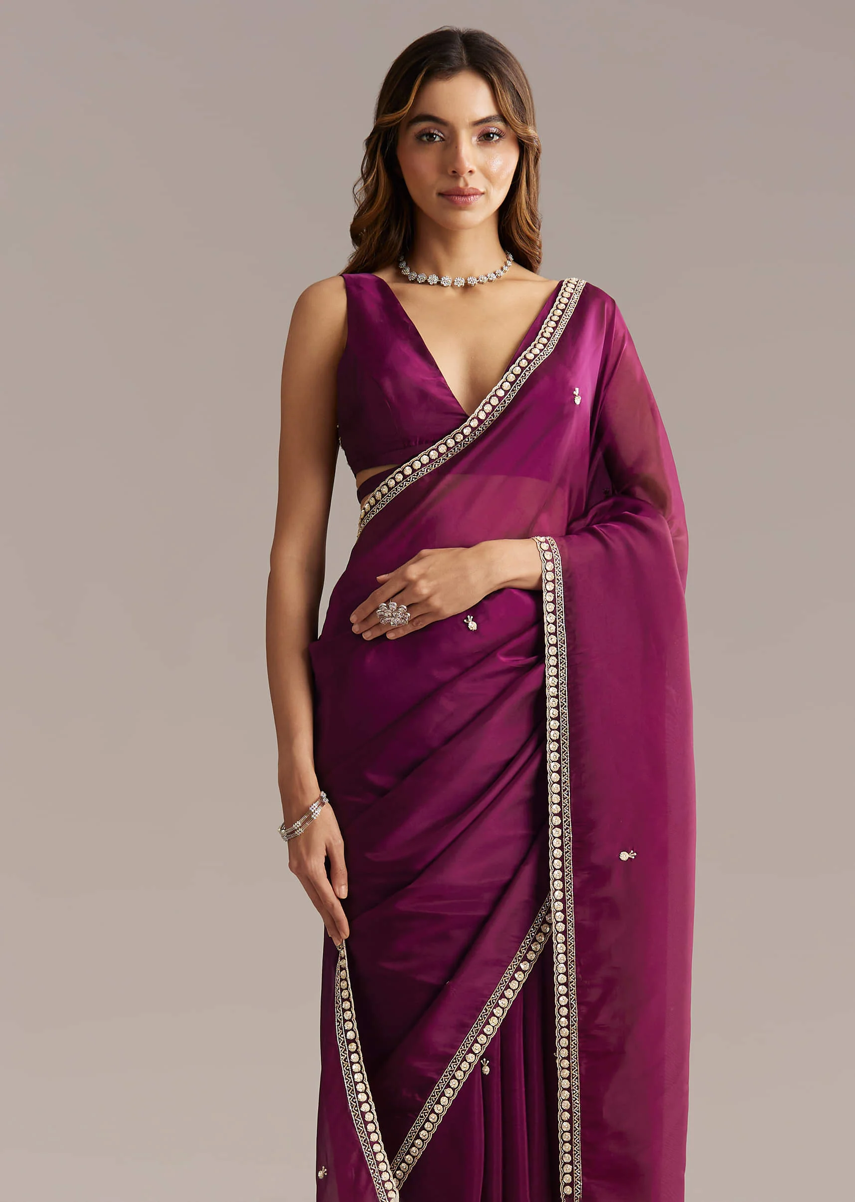 Wine Organza Saree With Stone And Sequin Embroidery - Image 4