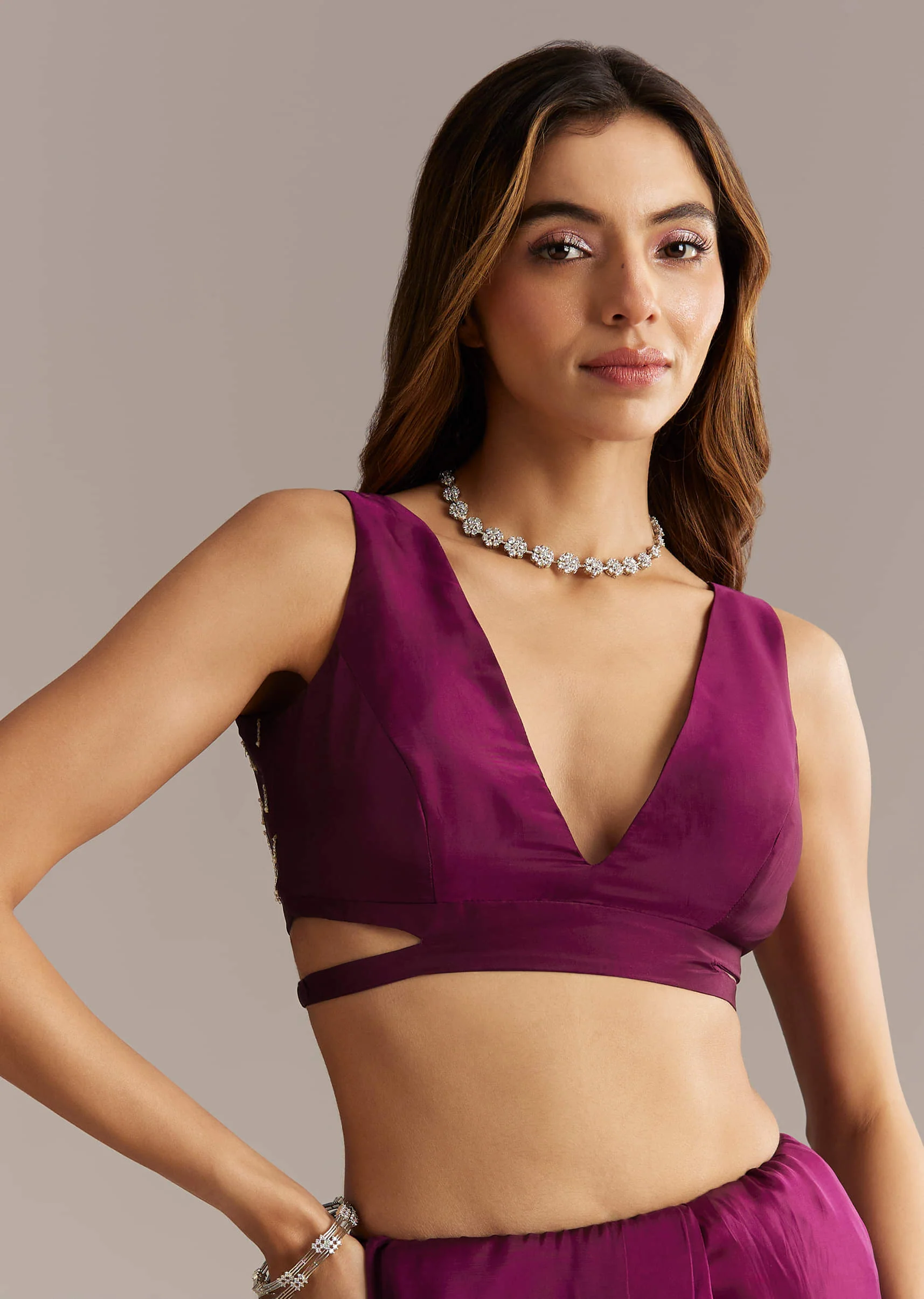 Wine Organza Saree With Stone And Sequin Embroidery - Image 6
