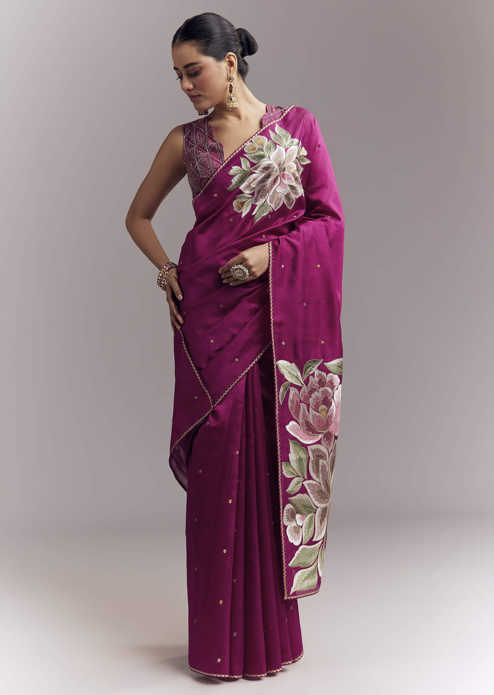 Wine Organza Silk Saree With Floral Thread Embroidery And Cutwork - Image 3