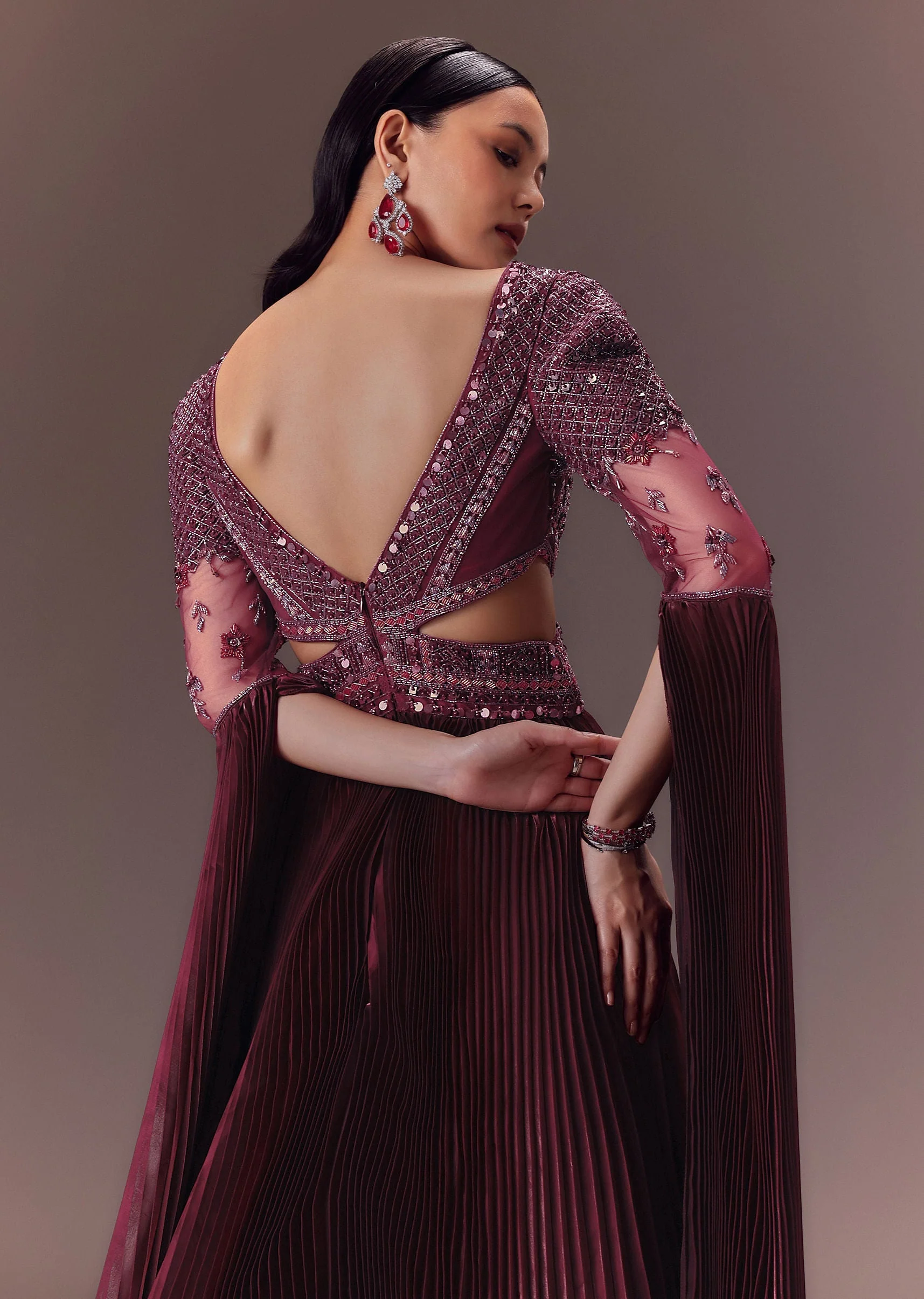 Wine Organze Flared Gown With 3D Draped Wings - Image 5