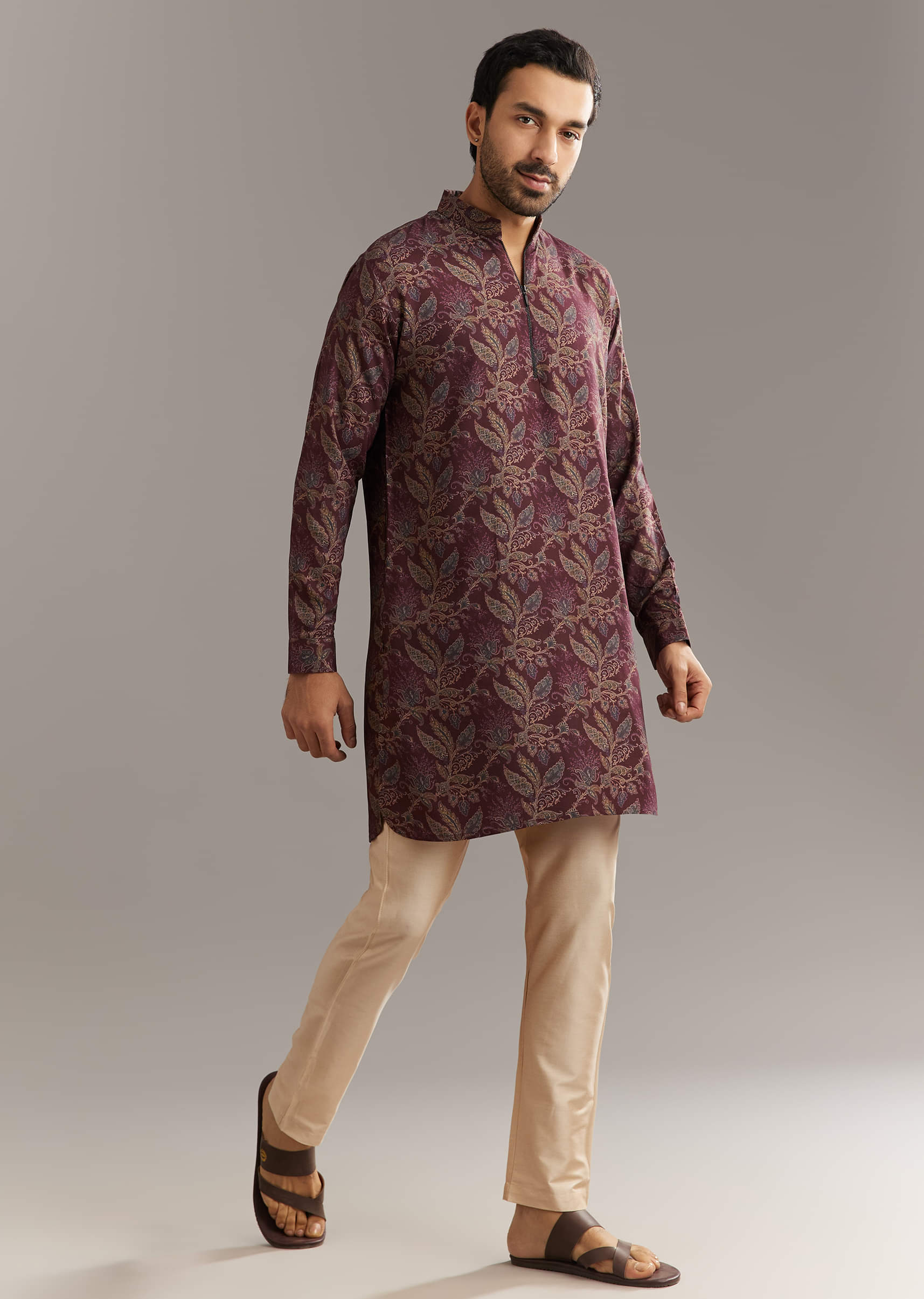 Wine Pashmina Silk Kurta Set With Vine Print Motifs - Image 2