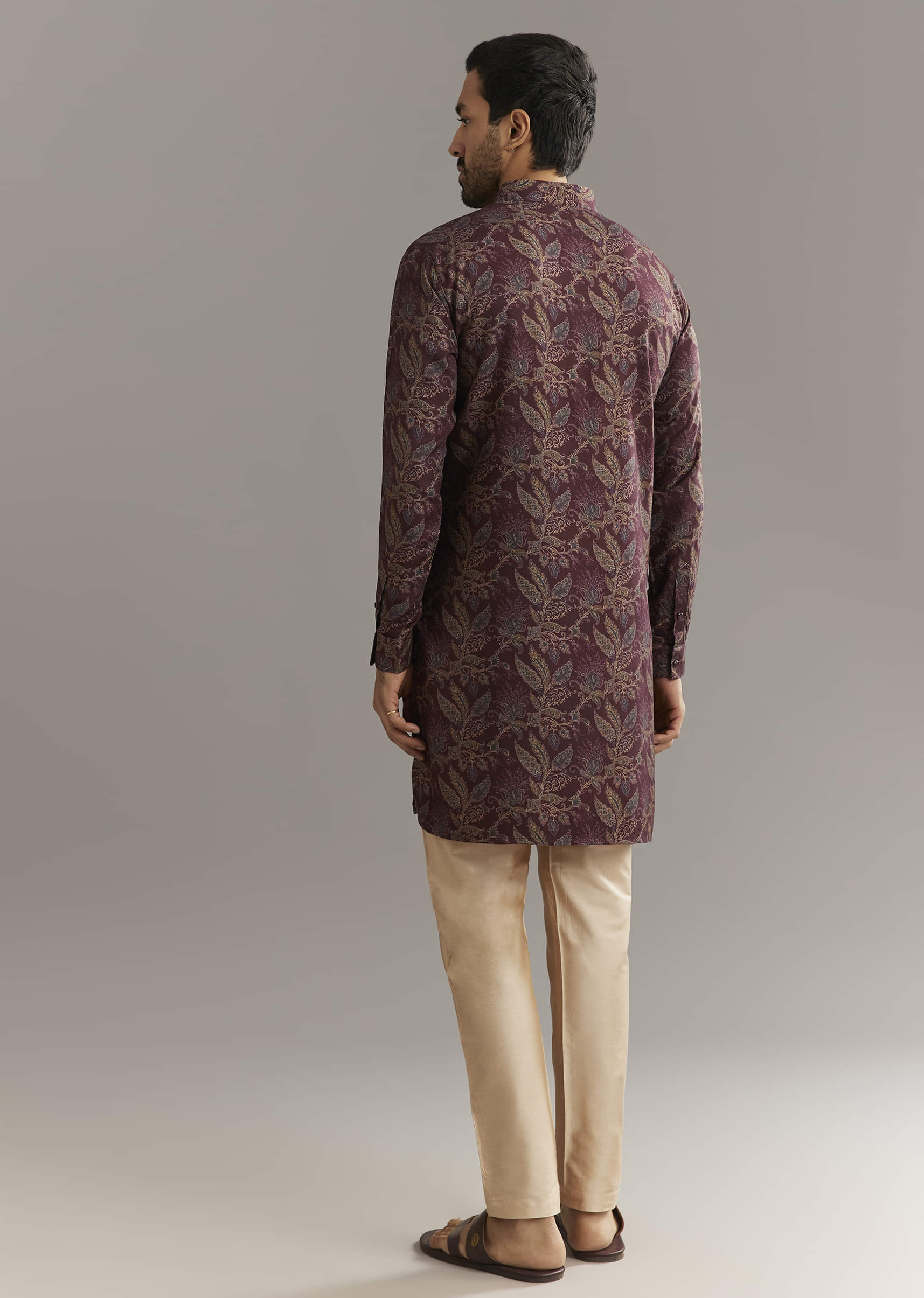 Wine Pashmina Silk Kurta Set With Vine Print Motifs - Image 4