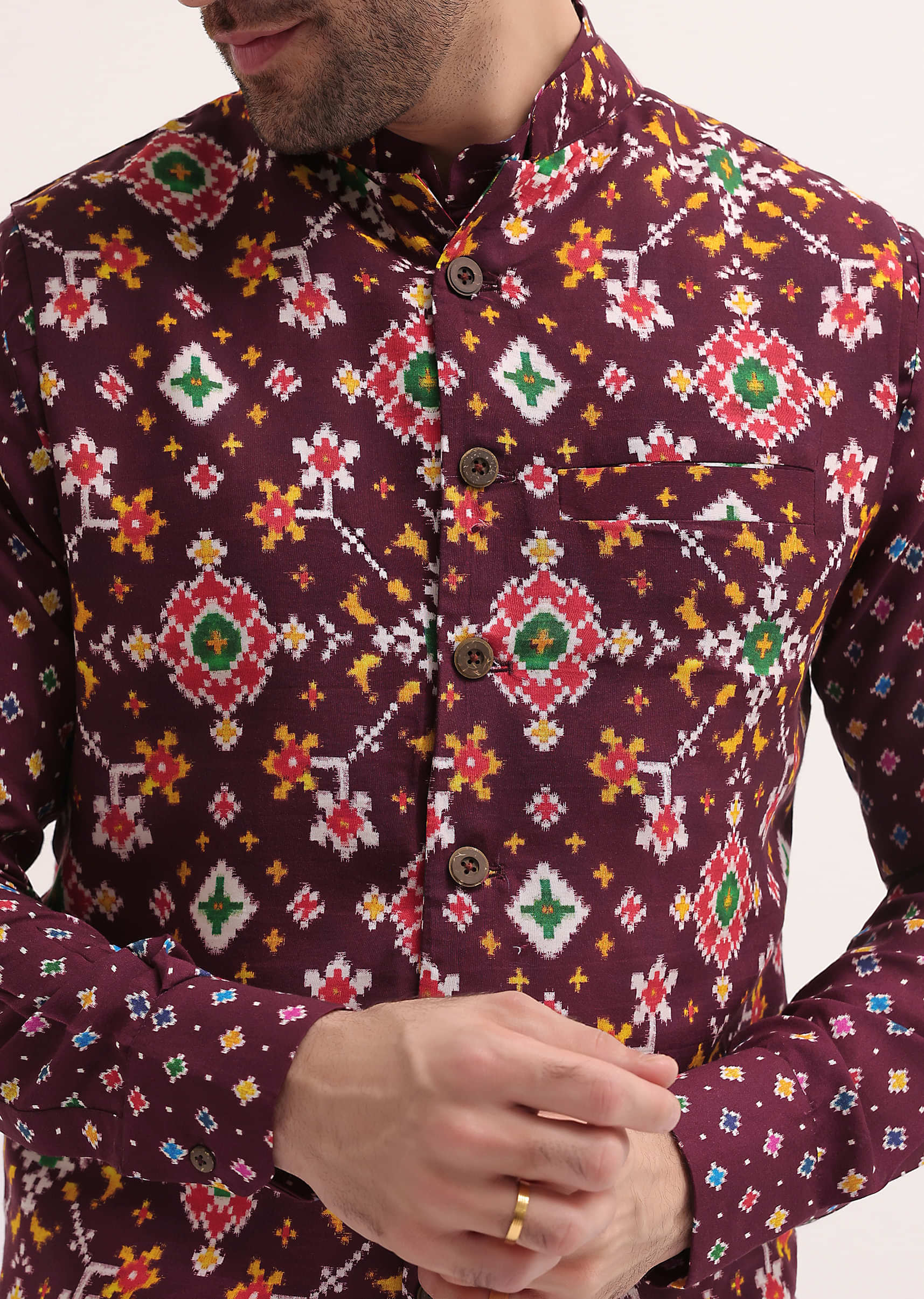 Wine Patola Printed Kurta Jacket Set For Men - Image 2