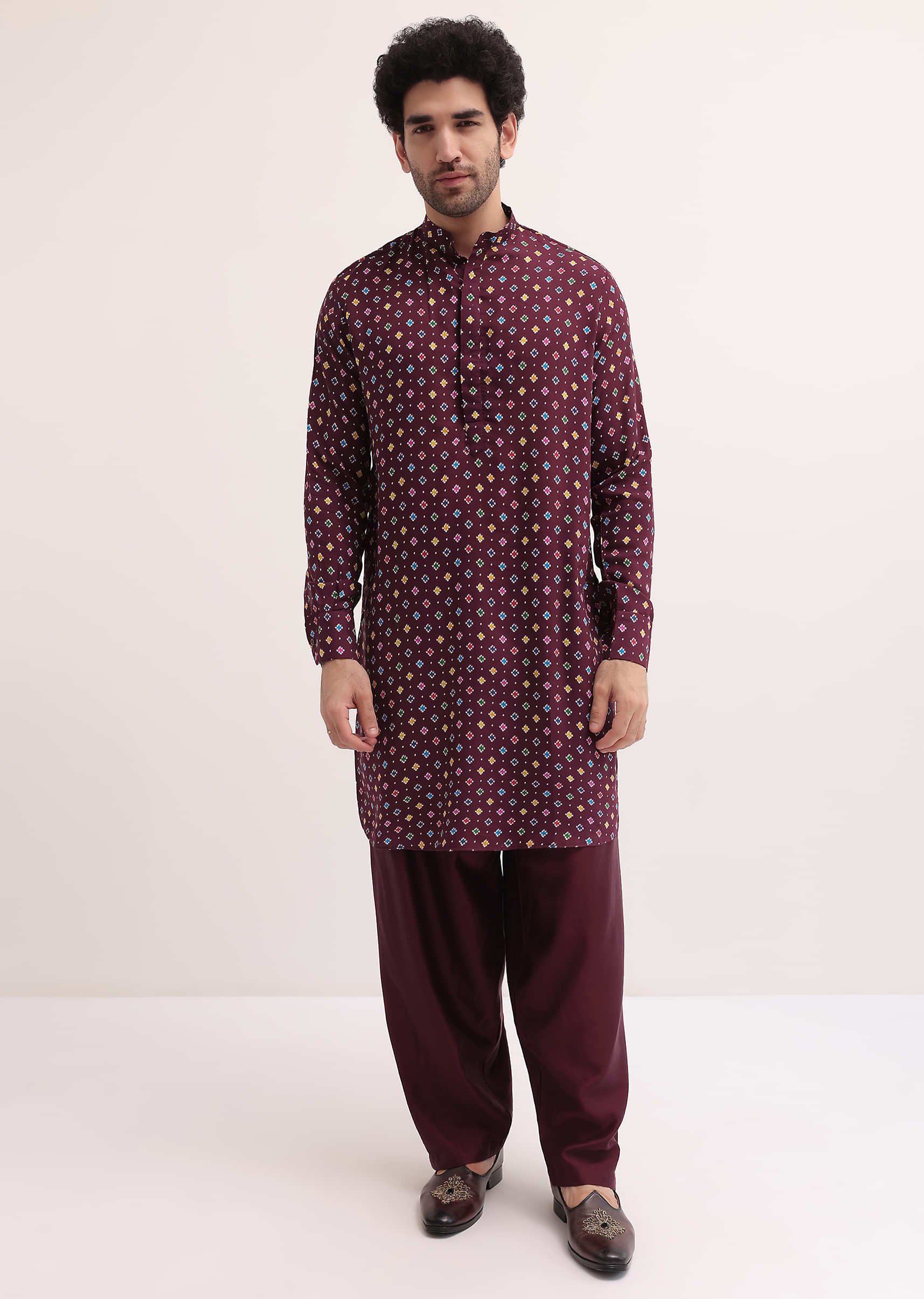 Wine Patola Printed Kurta Jacket Set For Men - Image 5