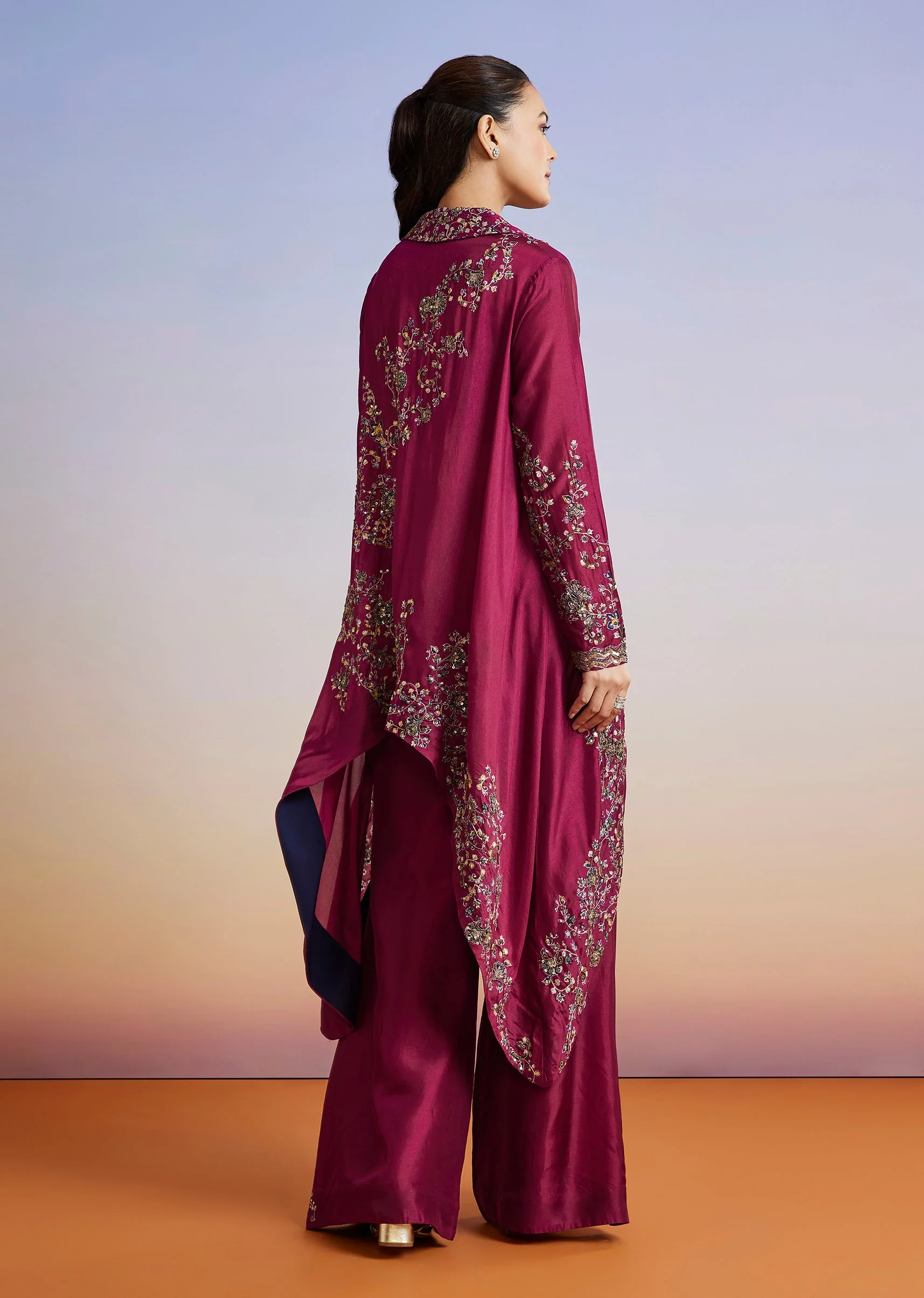 Wine Printed Silk Blend Crop Top With Palazzo And Asymmetrical Jacket - Image 6