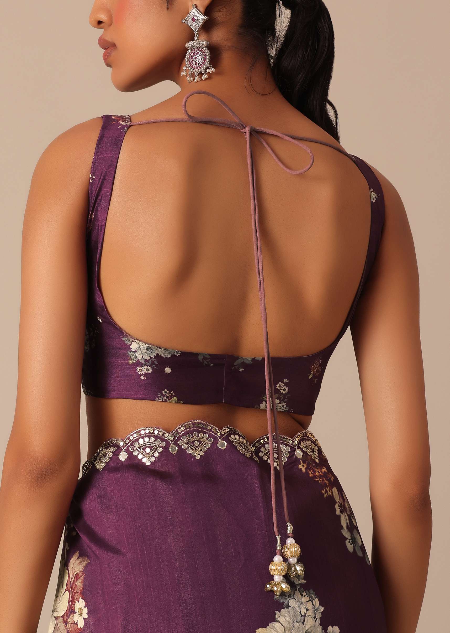 Wine Printed Tussar Silk Saree With Unstitched Blouse Piece - Image 8