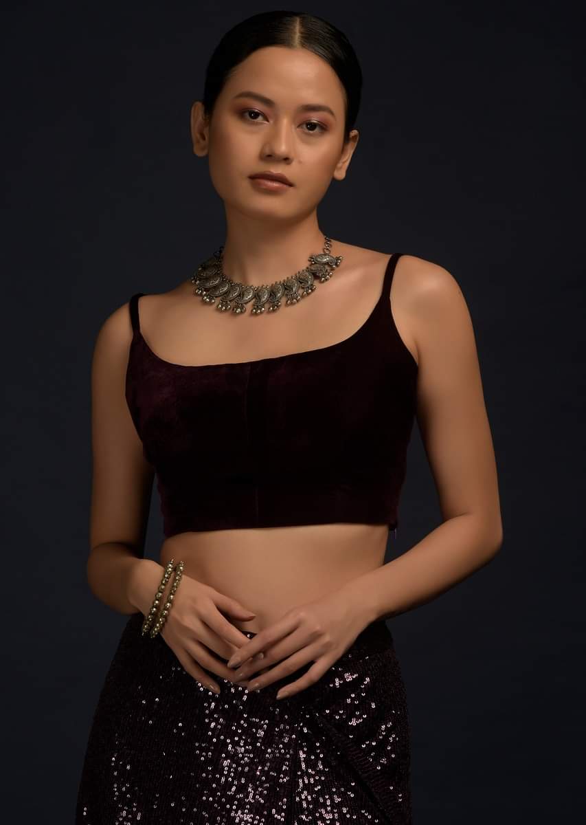 Wine Purple Blouse In Velvet With Straps On The Shoulder And Tube Neckline - Image 4