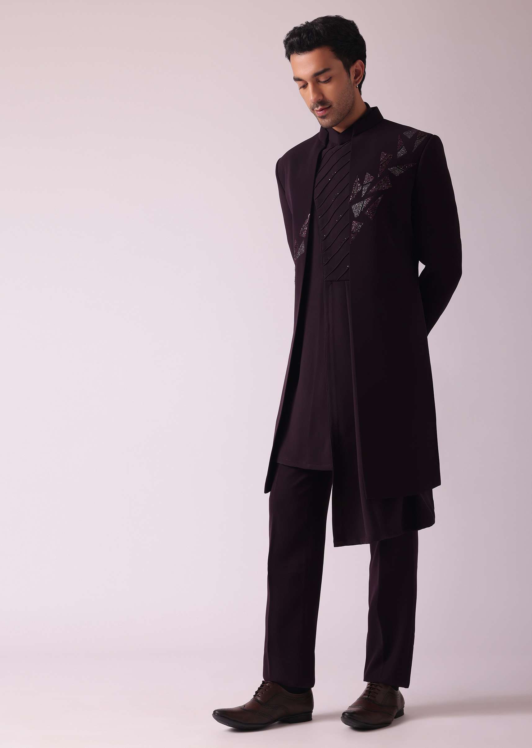 Wine Purple Embroidered Indowestern In Suiting Fabric - Image 3