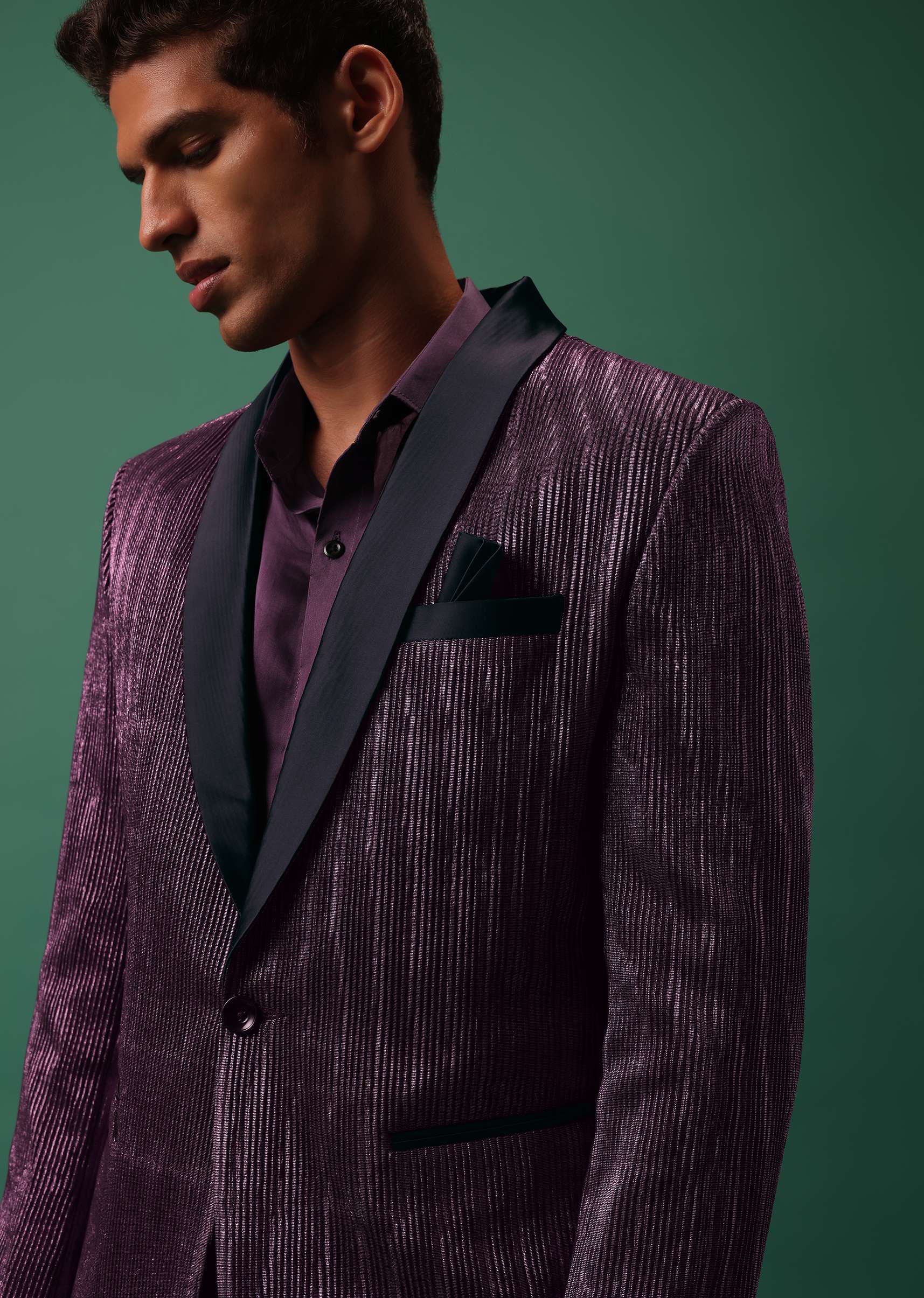 Wine Purple Pleated Tuxedo Set In Shimmer - Image 2