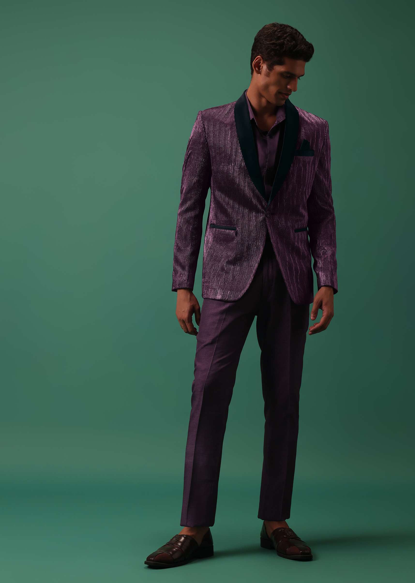 Wine Purple Pleated Tuxedo Set In Shimmer - Image 3