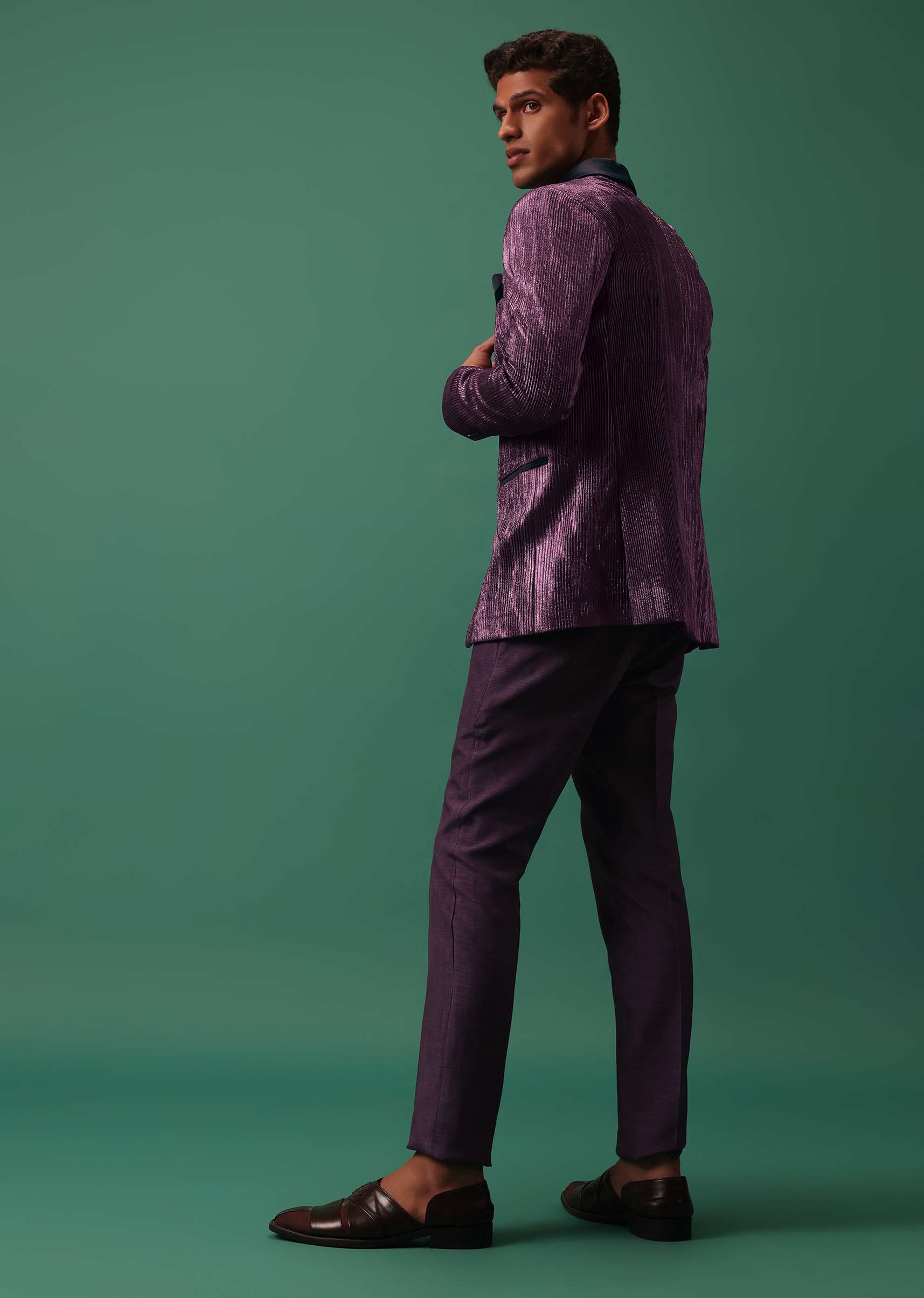 Wine Purple Pleated Tuxedo Set In Shimmer - Image 5