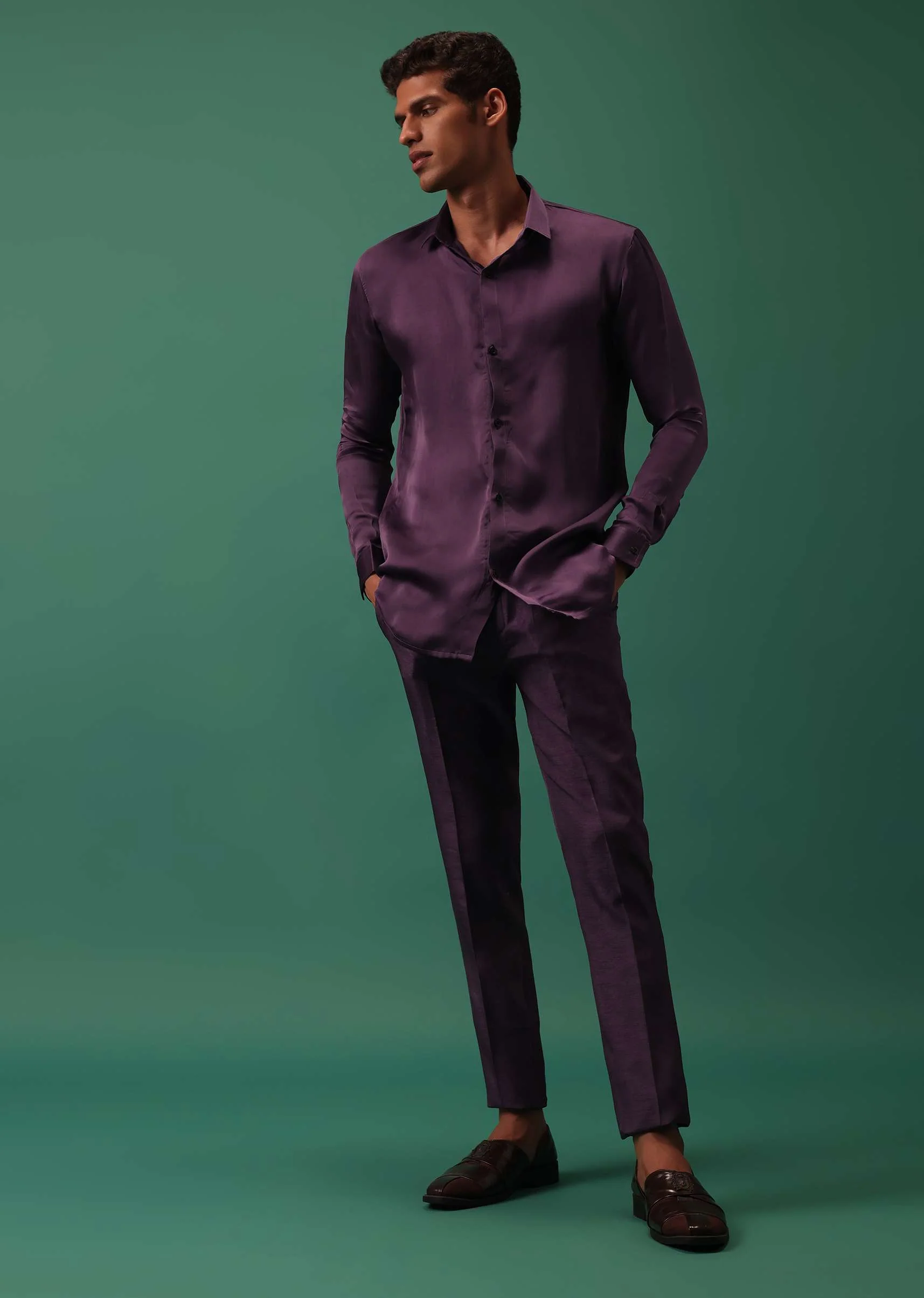 Wine Purple Pleated Tuxedo Set In Shimmer - Image 6