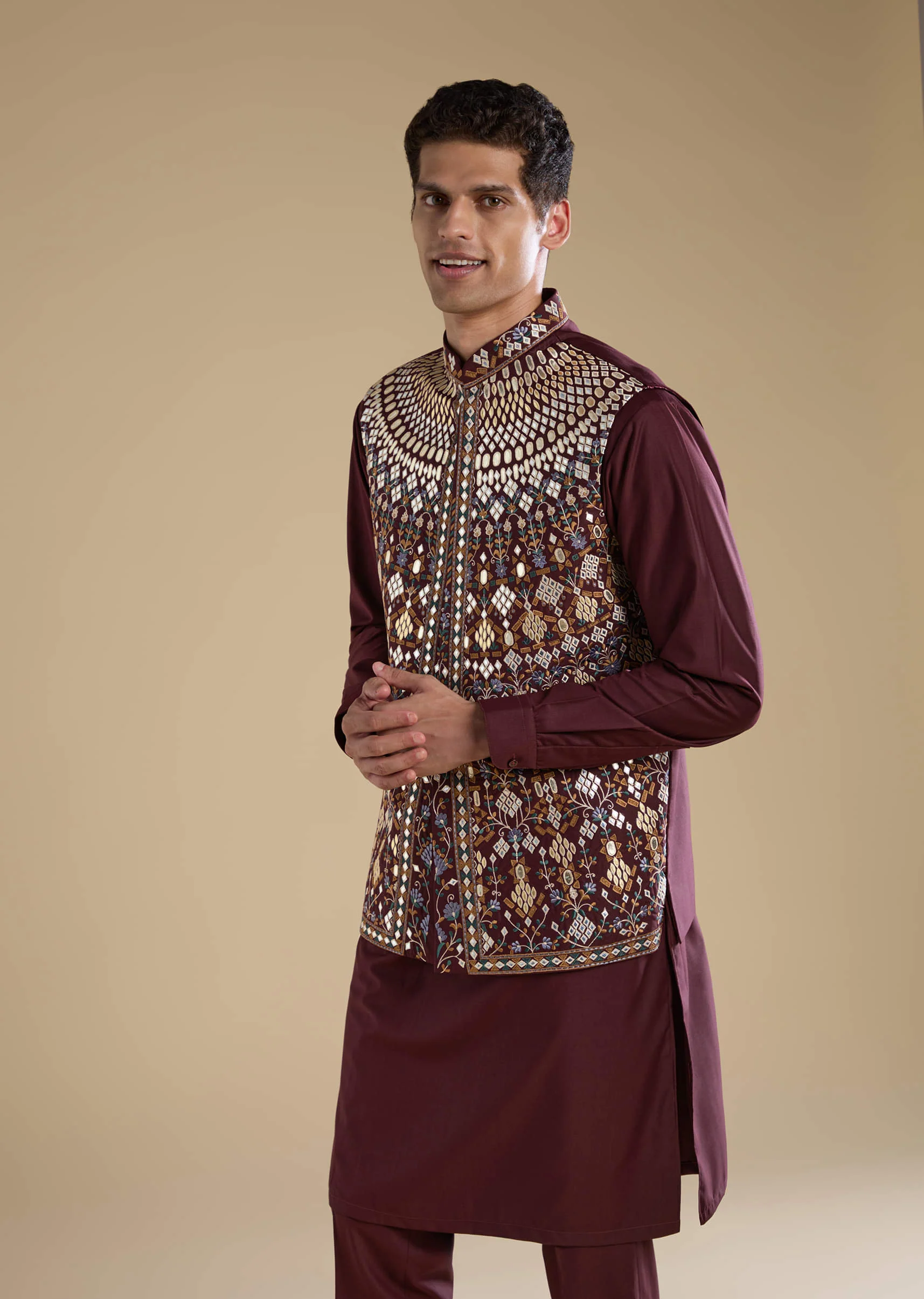 Wine Rayon Jacket Kurta Set with Gotta Work - Image 4