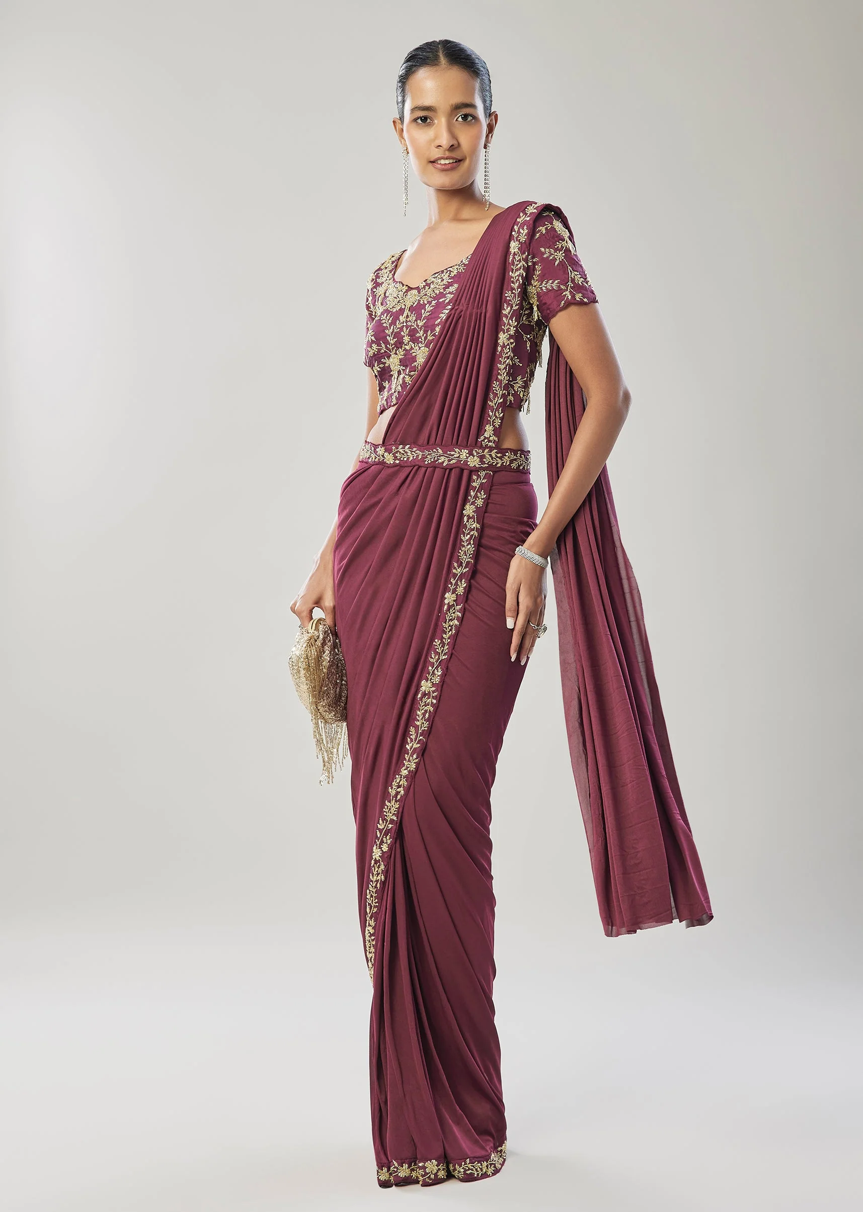 Wine Ready Pleated Saree With Belt