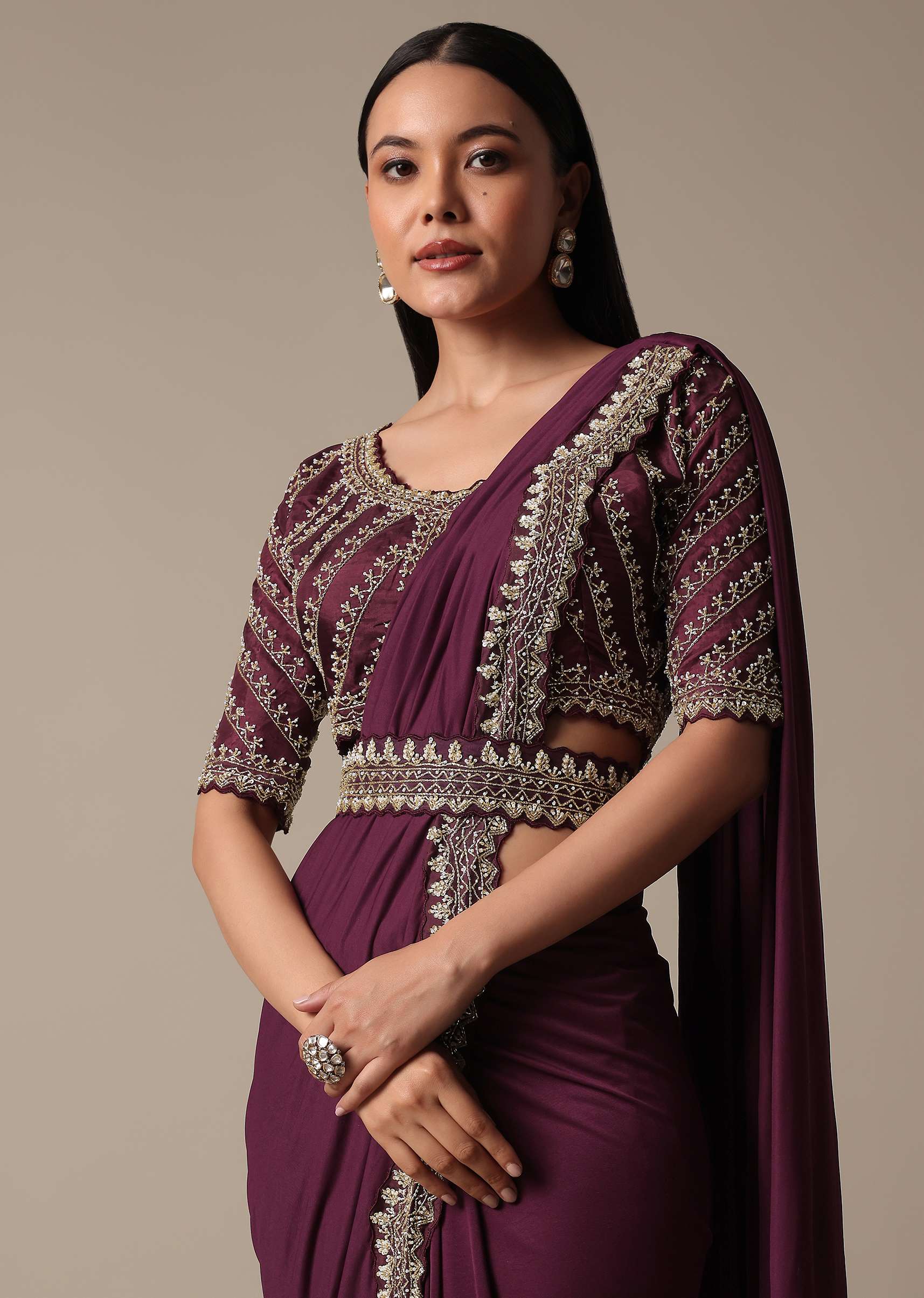 Wine Ready Pleated Saree With Embellished Blouse - Image 2